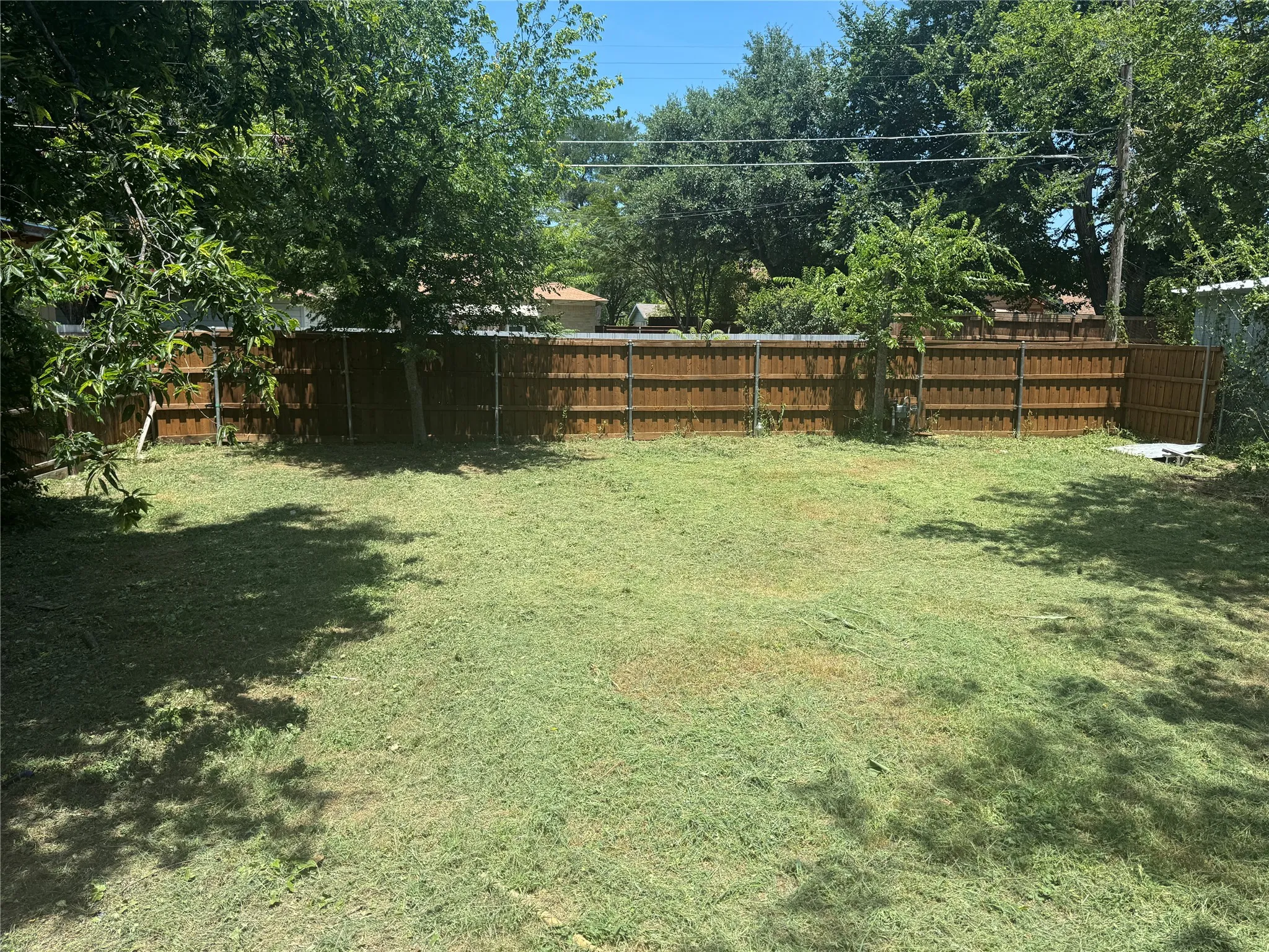 Expansive backyard featuring a fenced perimeter and mature trees