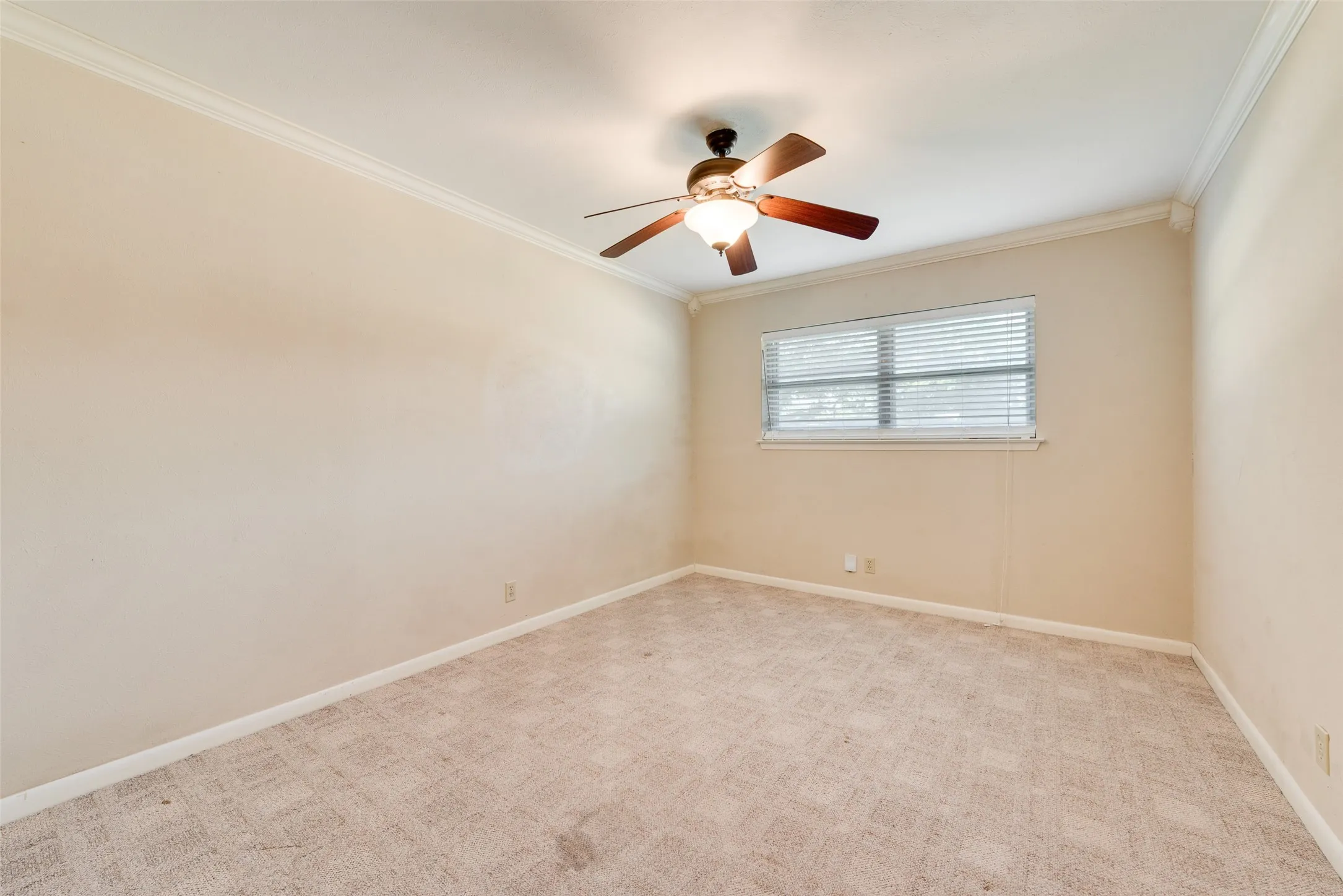 Neutral-toned room featuring crown molding, carpeting, and a ceiling fan with integrated lighting