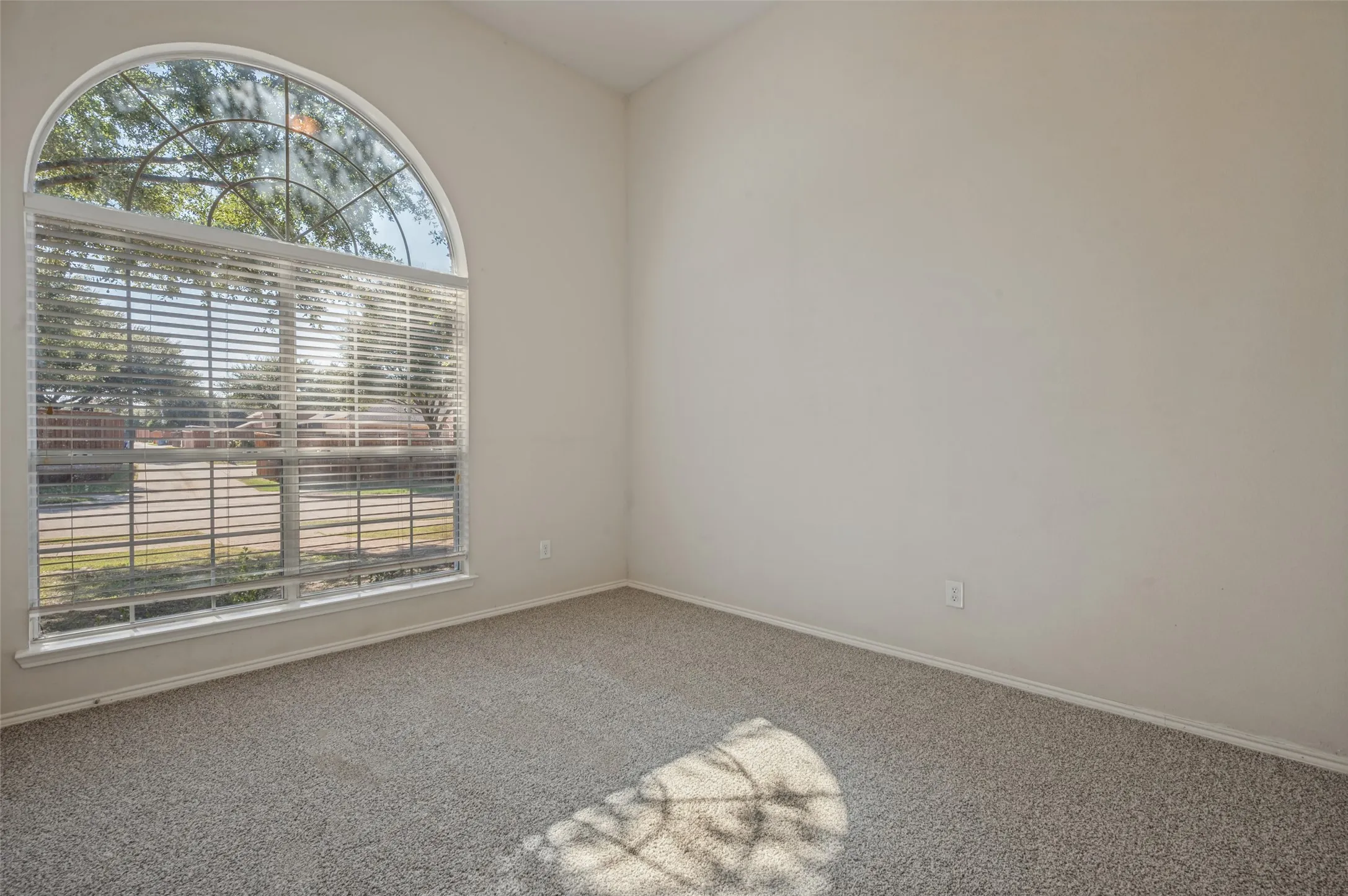 High-vaulted ceiling room featuring a large arched window and neutral carpeting