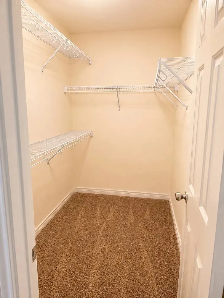 Storage space featuring wall-to-wall carpeting and white wire shelving units