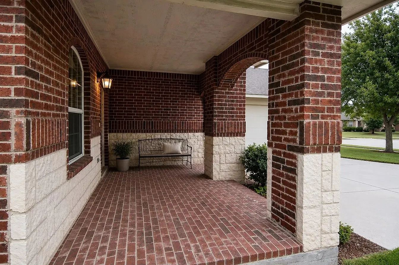 Covered front porch featuring red brick flooring, arched architectural detailing, masonry columns, and a mixed brick and stone facade