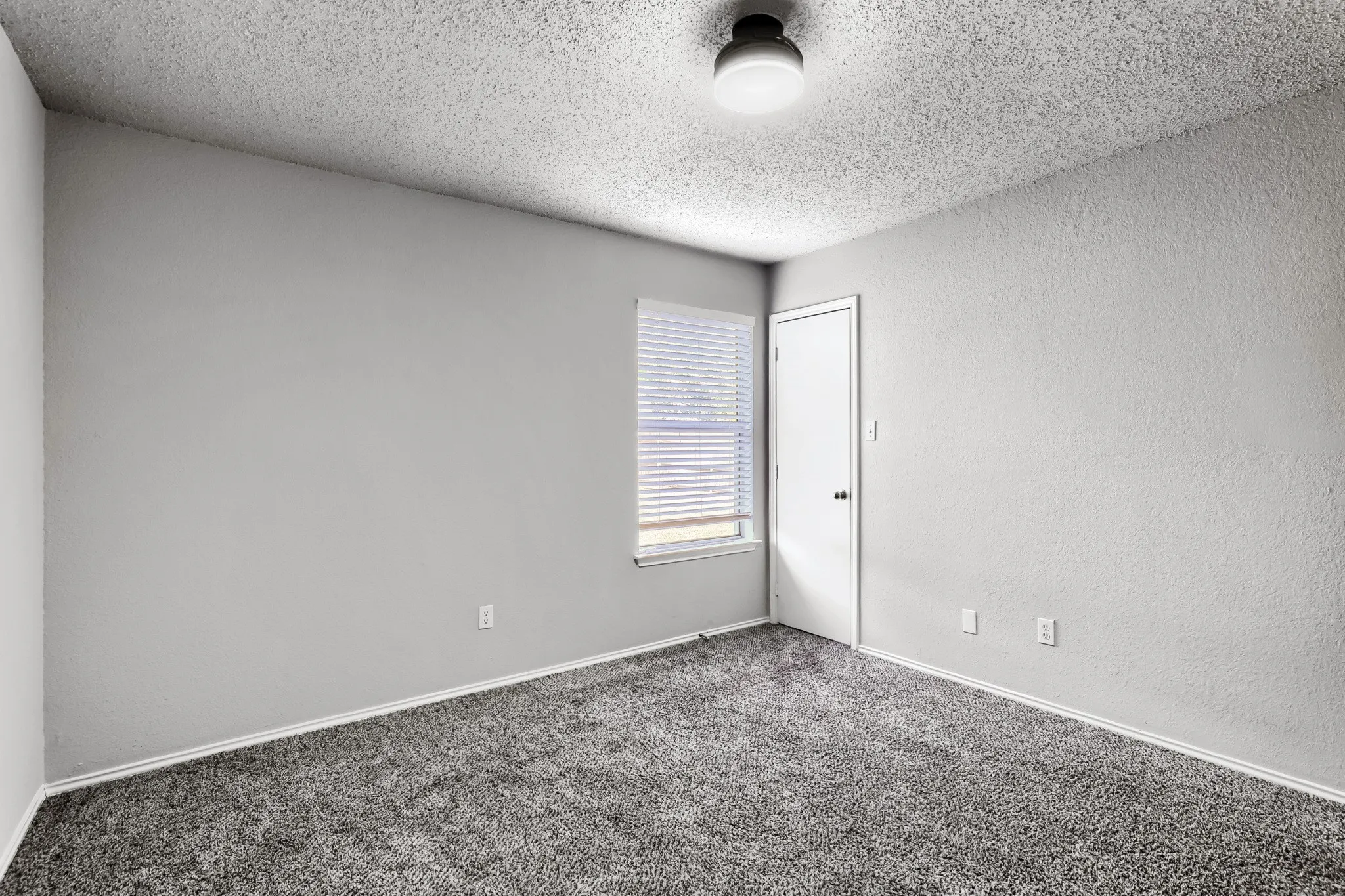 Neutral-toned carpeted flooring, textured ceiling, flush-mount light fixture, single-panel interior door, and window with white blinds