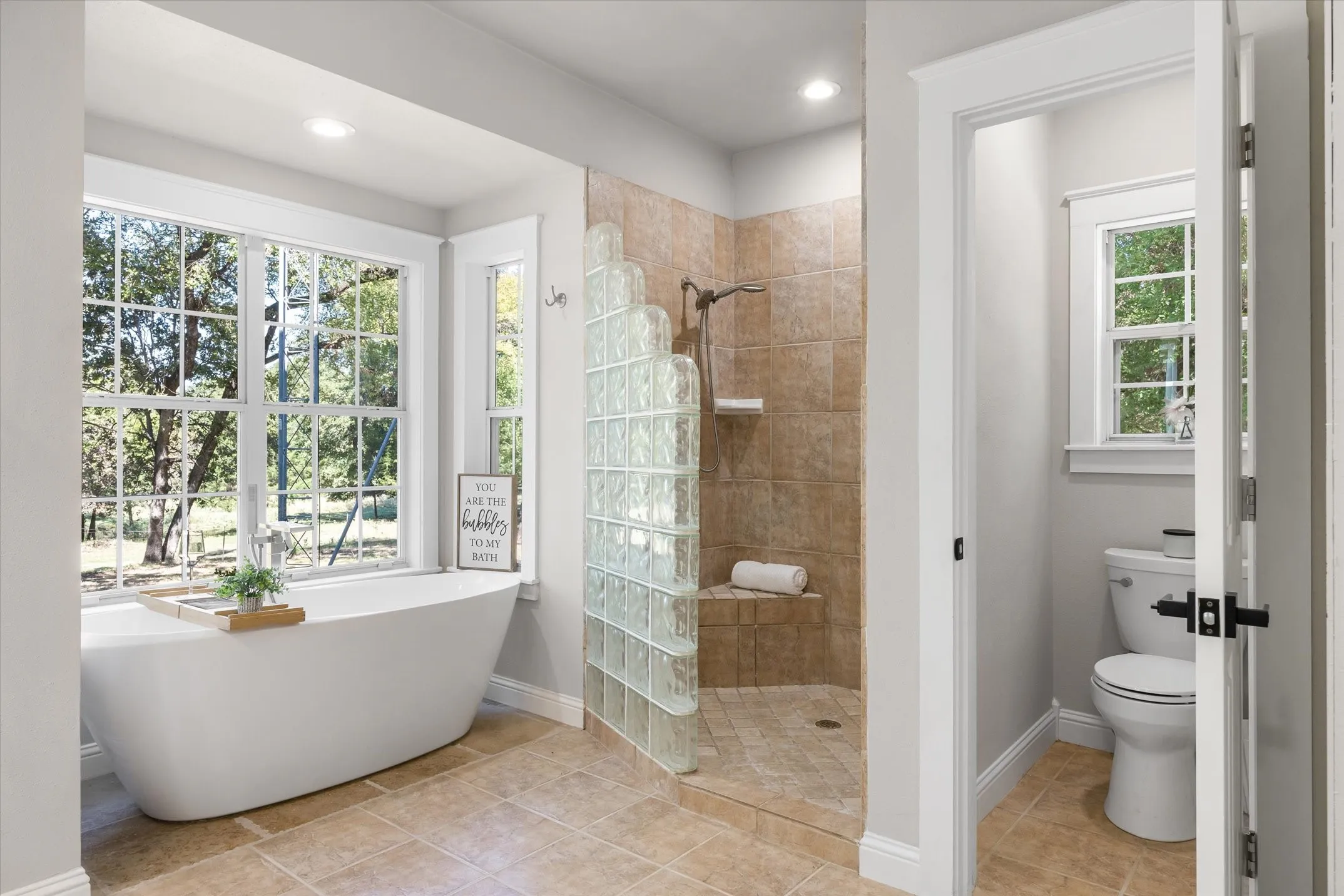 Soaker tub and huge walk in shower