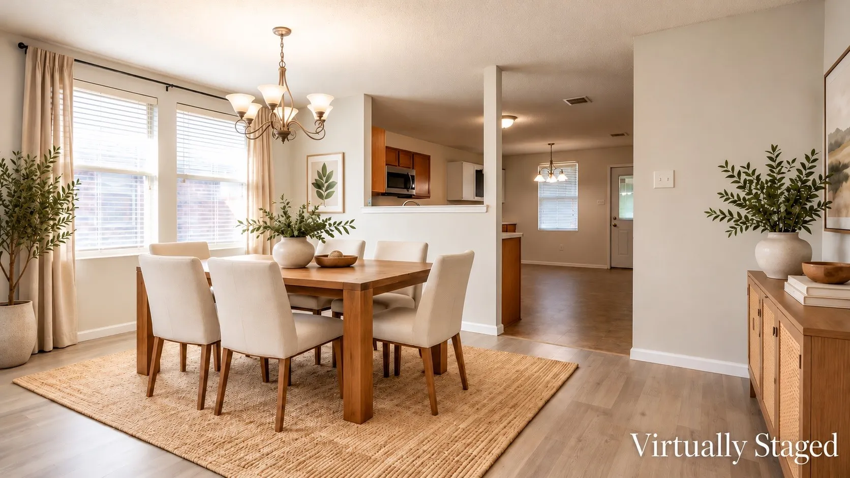 Virtually staged dining room with extended space for a buffet
