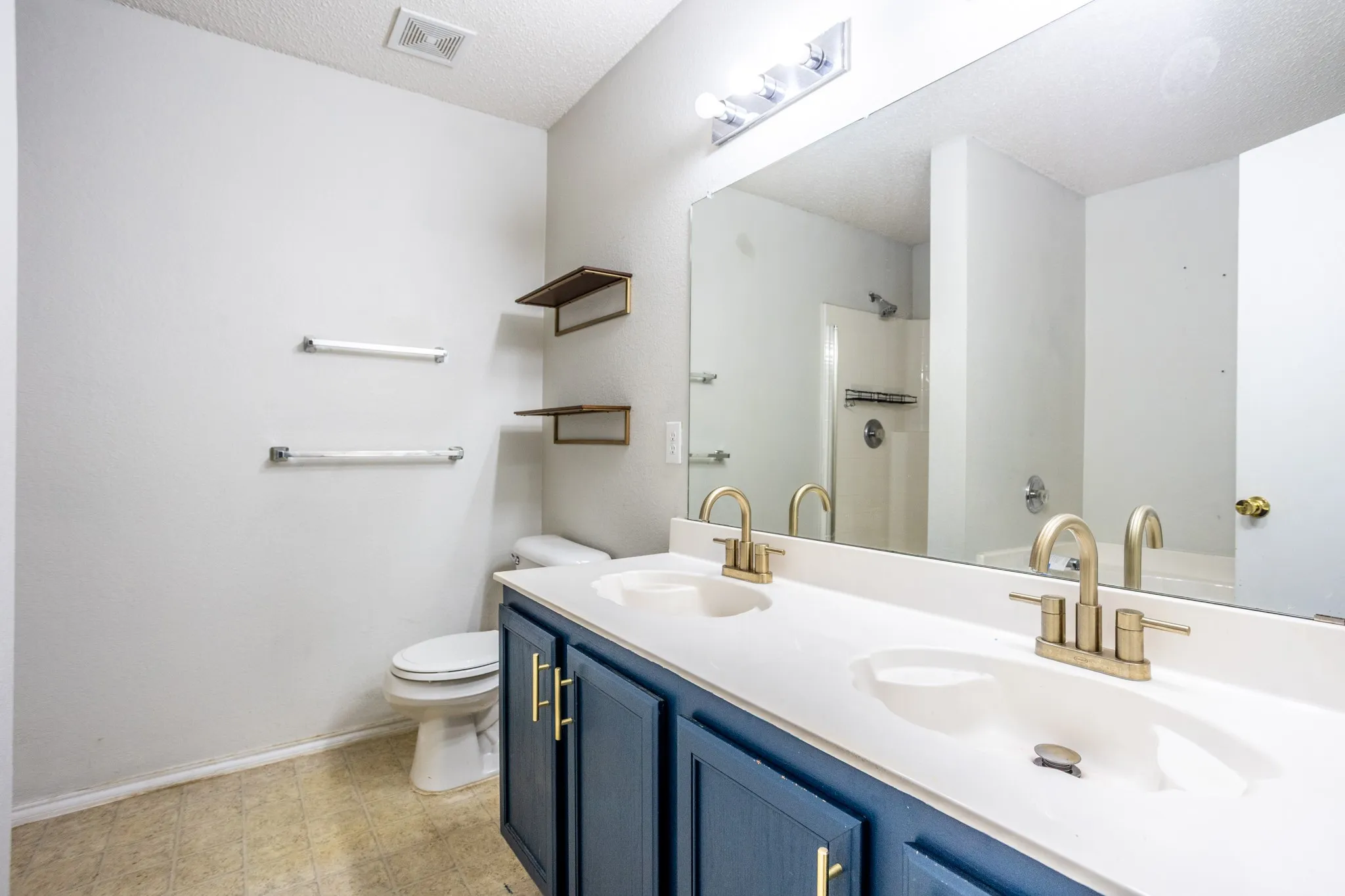 Primary bathroom with dual sinks, separate garden tub and standalone shower