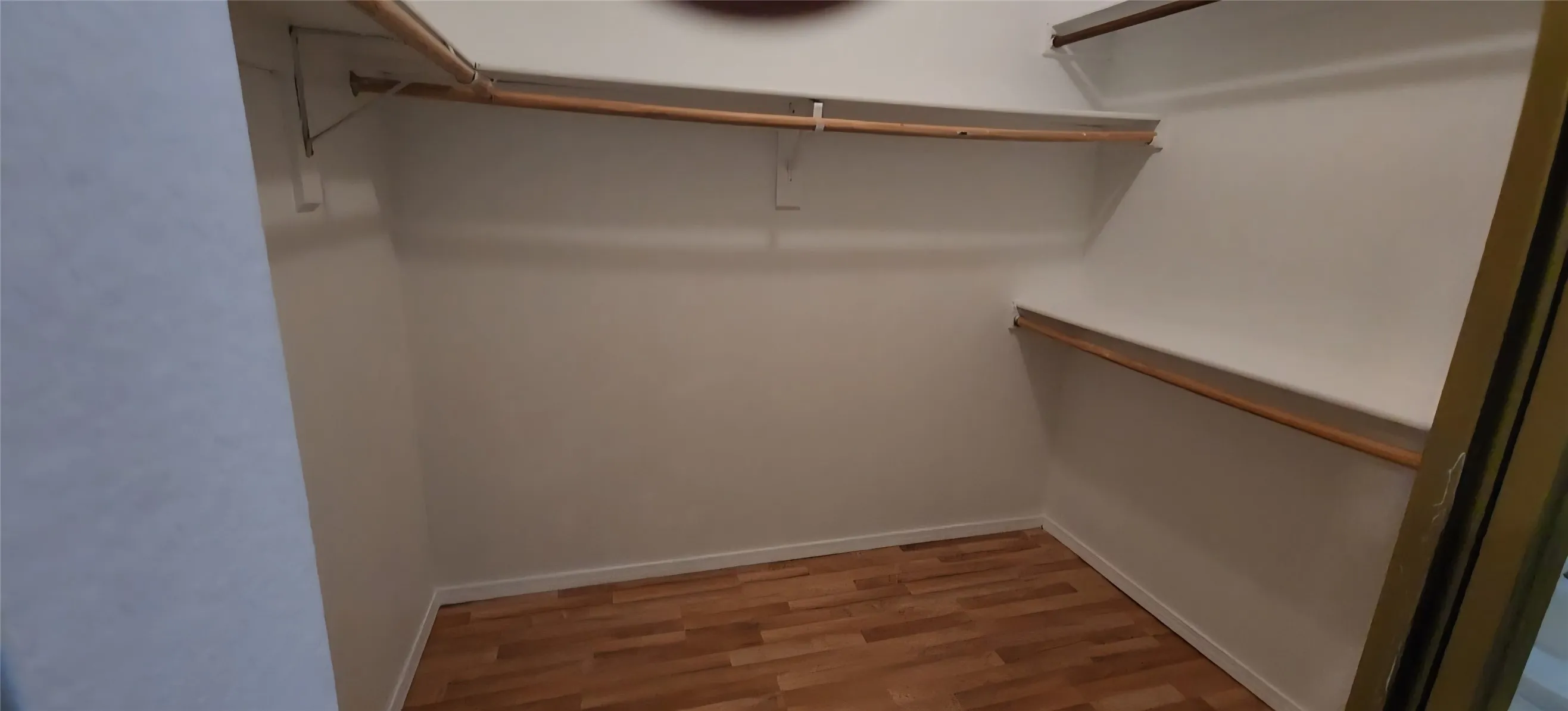 Primary Walk-in closet featuring wood-finish flooring, multi-level shelving, and mounted garment rods