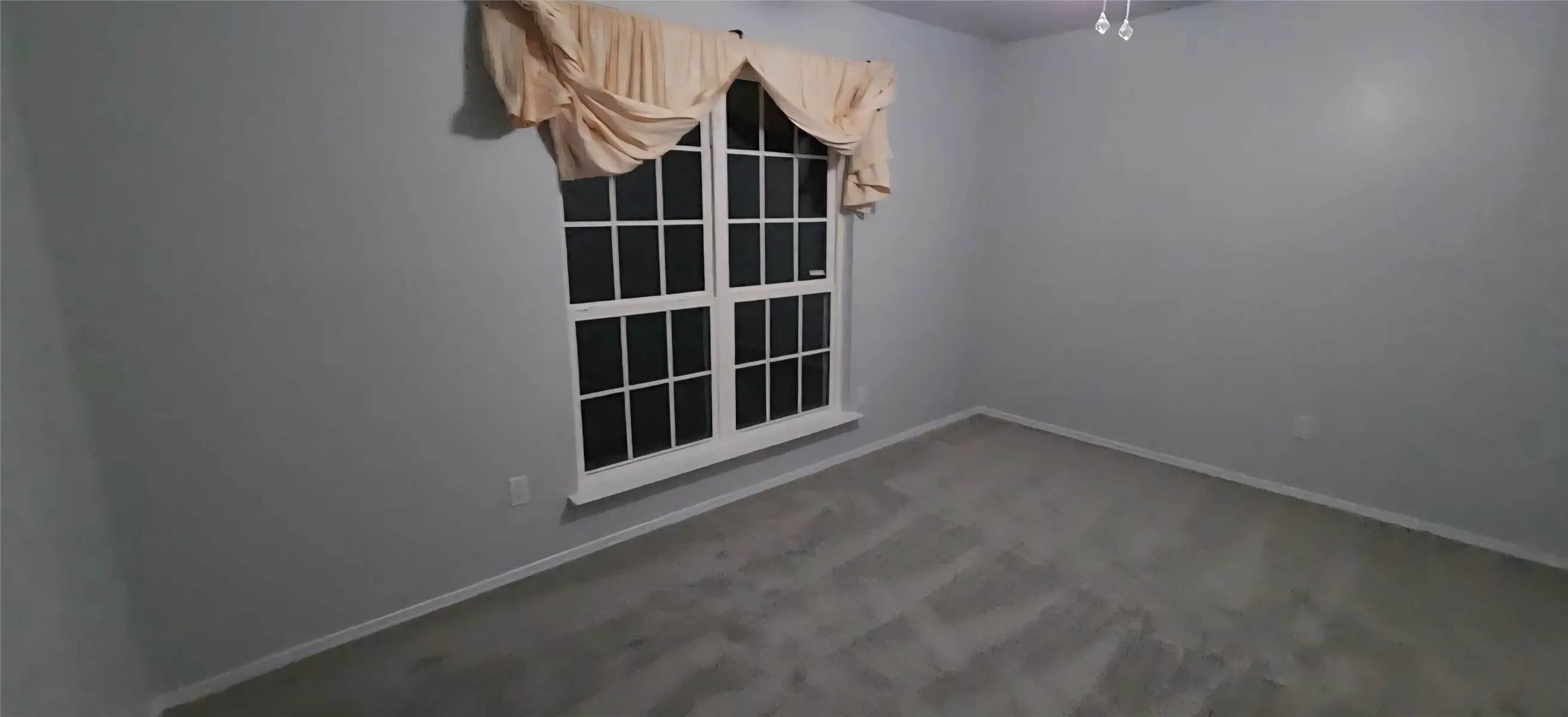 Neutral-toned interior space featuring light grey wall paint, plush carpeting, and a double-pane grid window with a deep sill