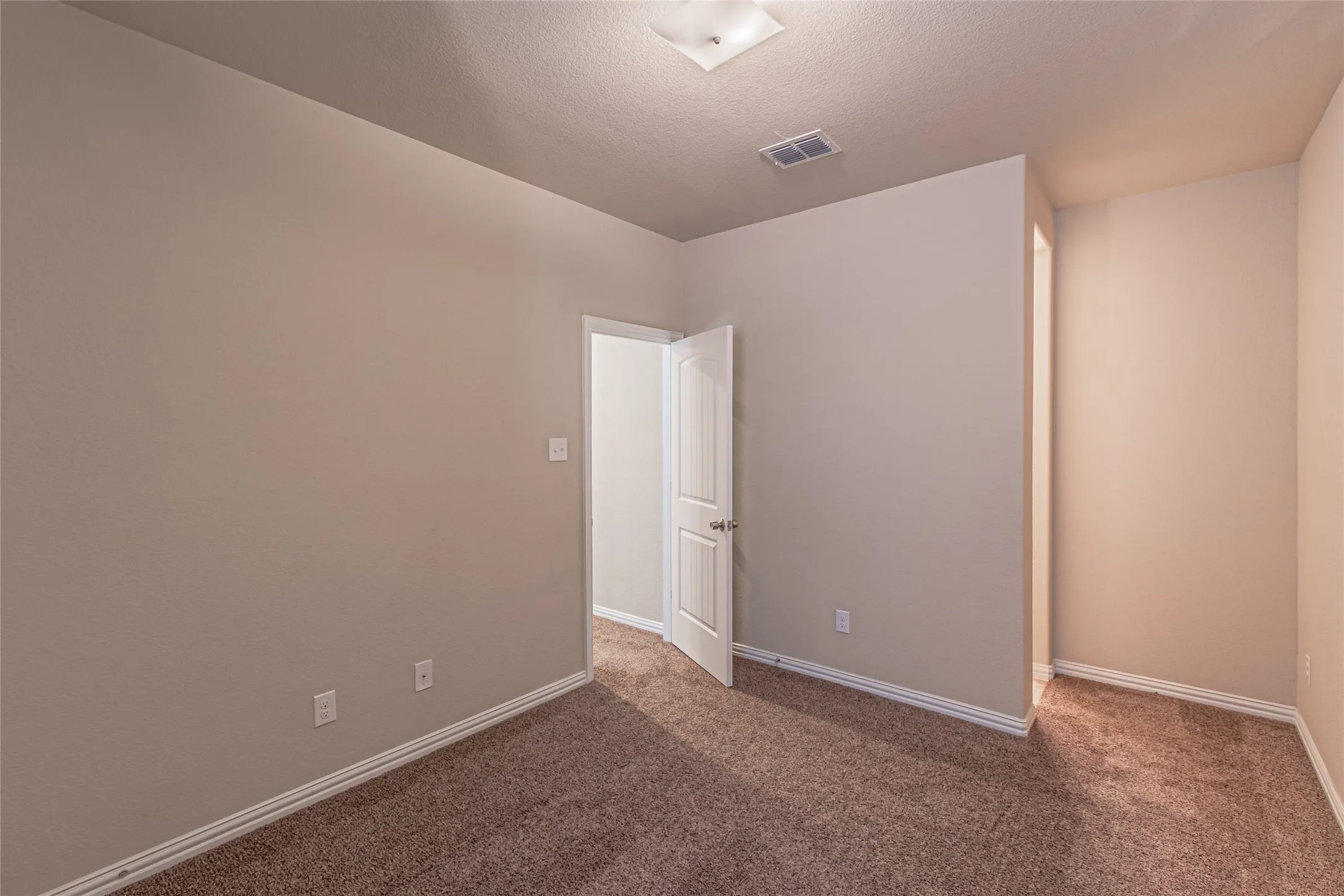 Neutral-toned interior room featuring wall-to-wall carpeting, a multi-panel door, and a flush-mount ceiling light fixture