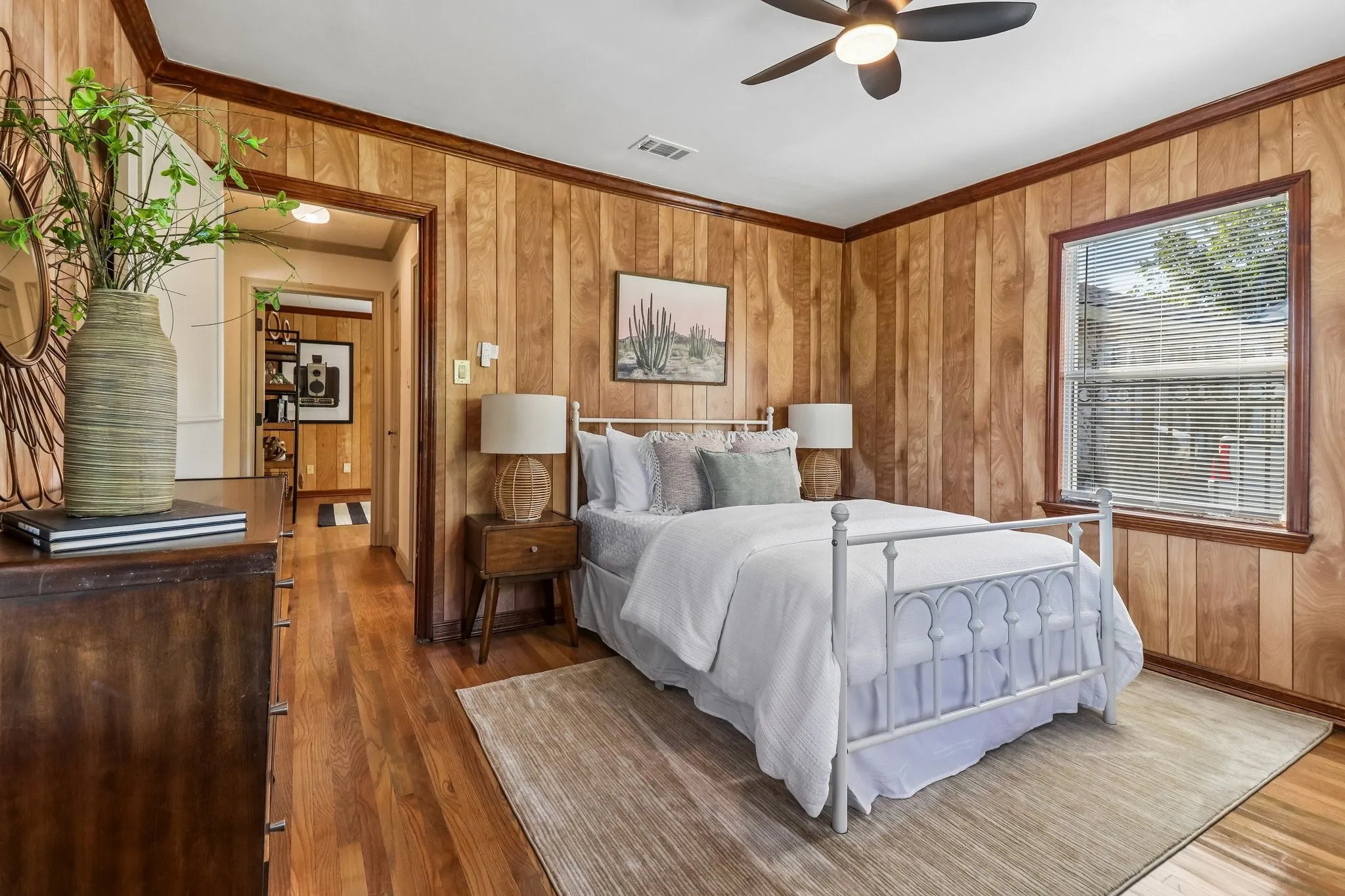 Wood-paneled walls with coordinating wood-finish flooring
