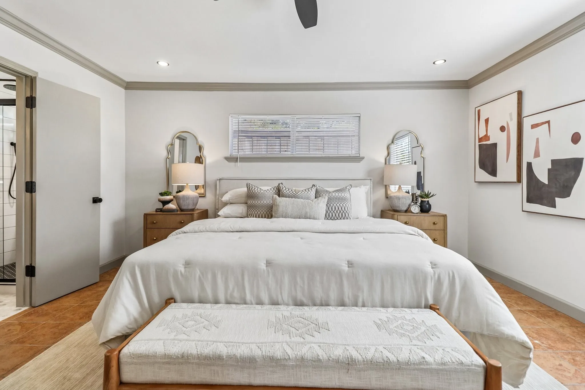 Recessed lighting, crown molding, and wood-finish flooring