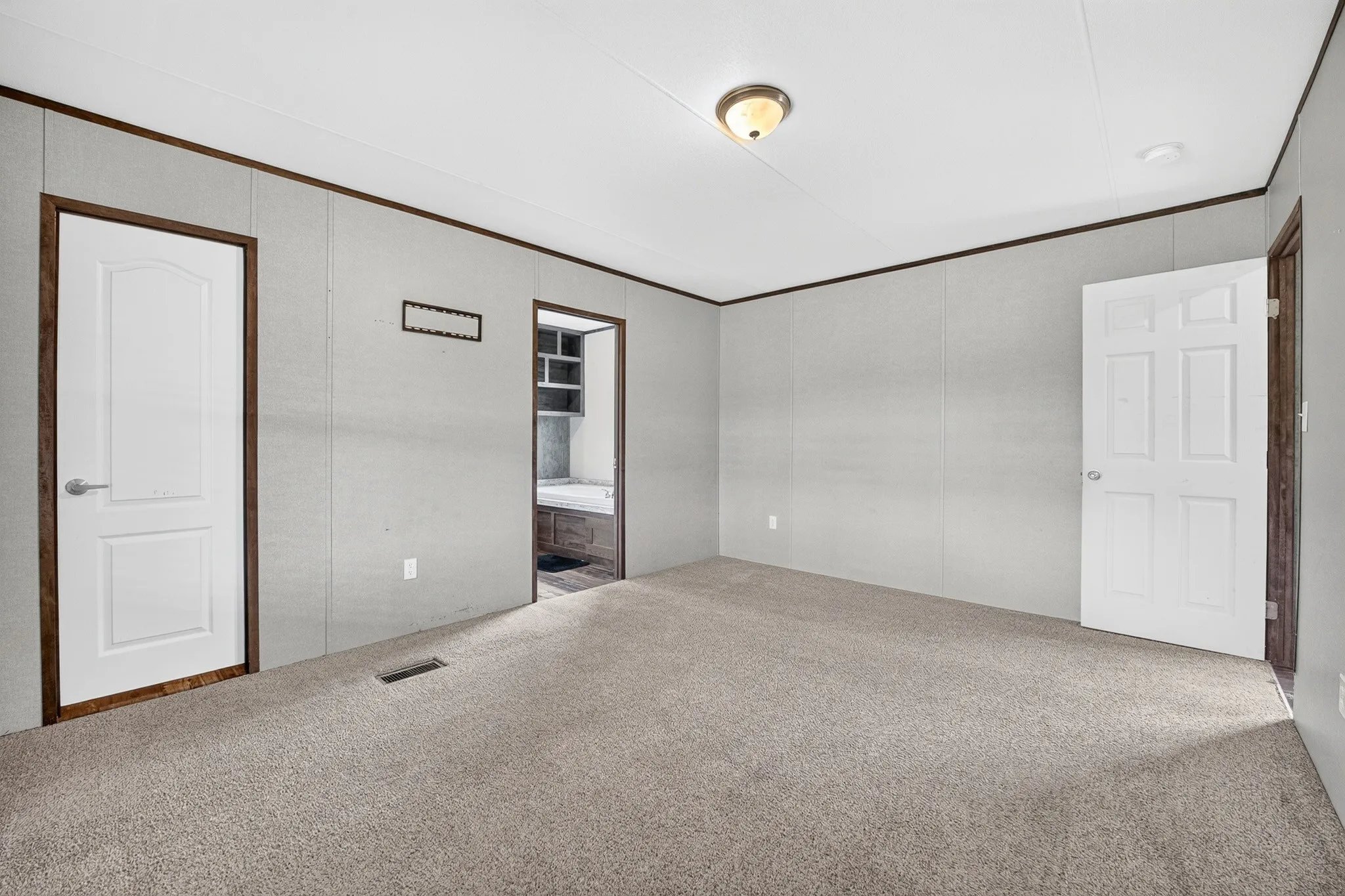 Neutral-toned interior space featuring light grey wall paneling, wall-to-wall carpeting, two white six-panel interior doors, and a flush-mount ceiling light fixture