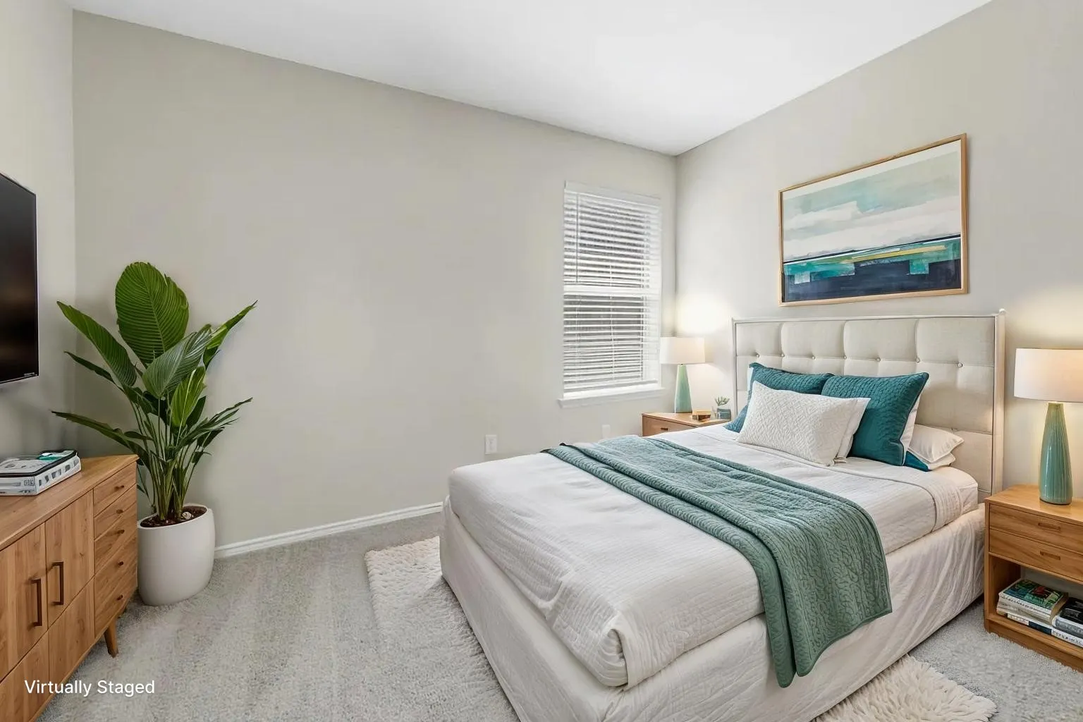 Neutral interior featuring wall-to-wall carpeting and a single-hung window with integrated blinds