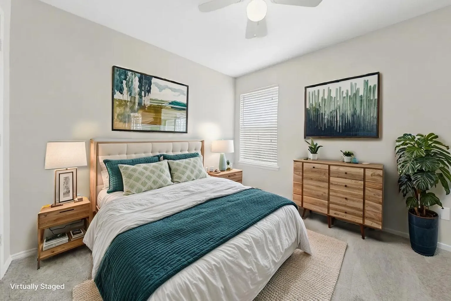 Neutral wall color, carpeted flooring, window with integrated blinds, and ceiling fan with central lighting