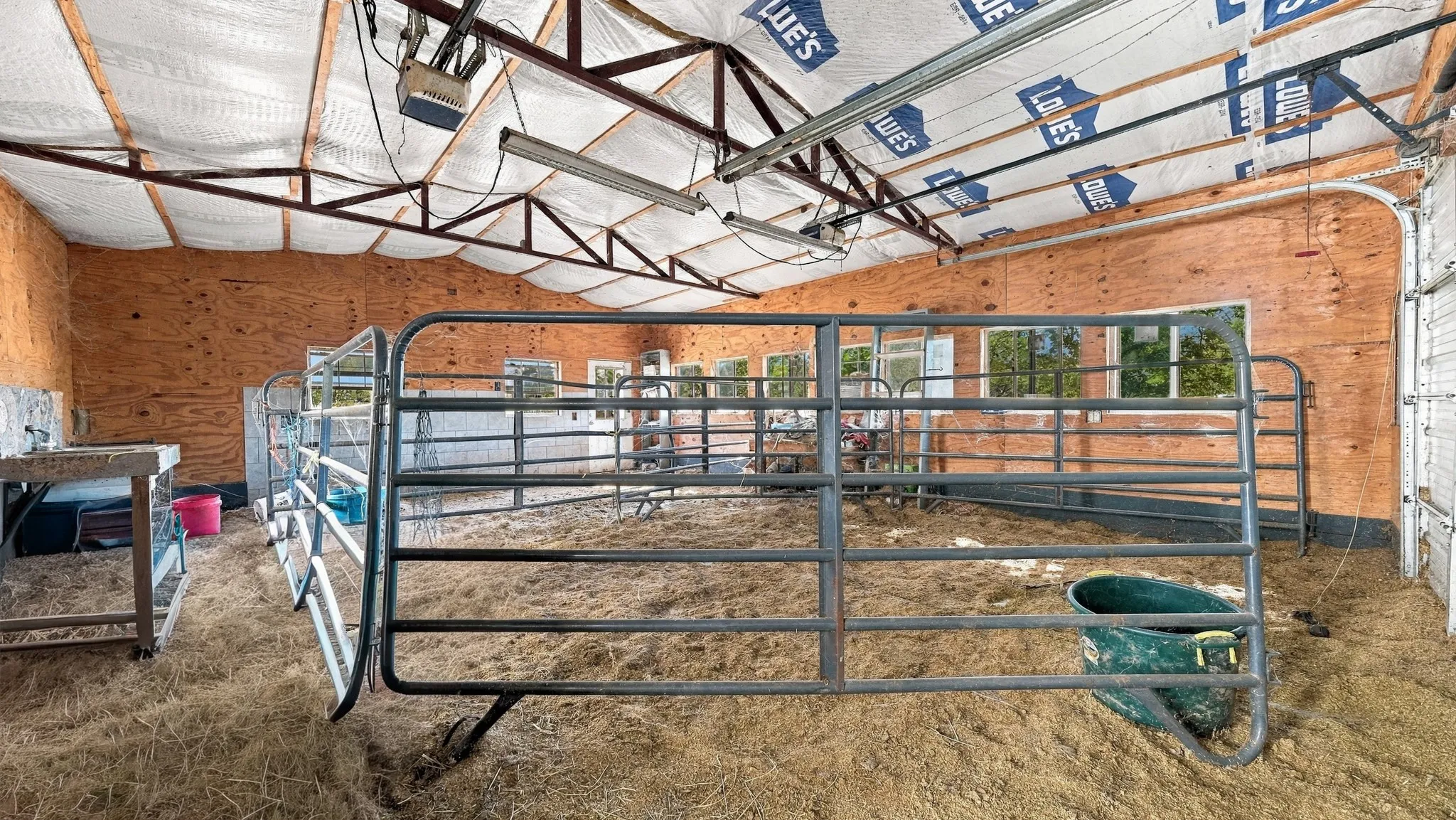 Enclosed structure featuring exposed wood-paneled walls, vaulted ceiling with exposed steel truss framing, multiple windows, and integrated metal livestock penning