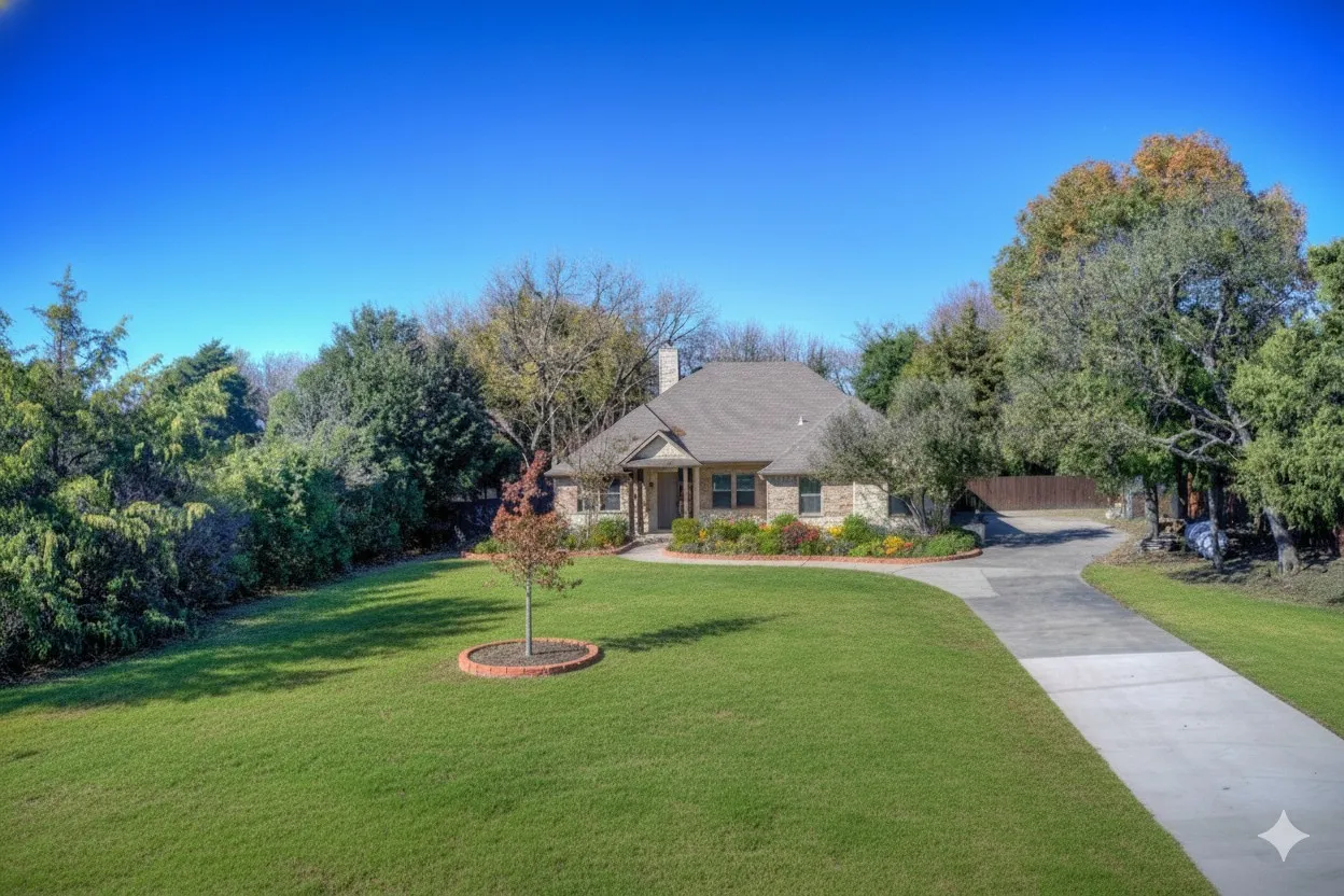 View of front of home with virtual staged landscaping