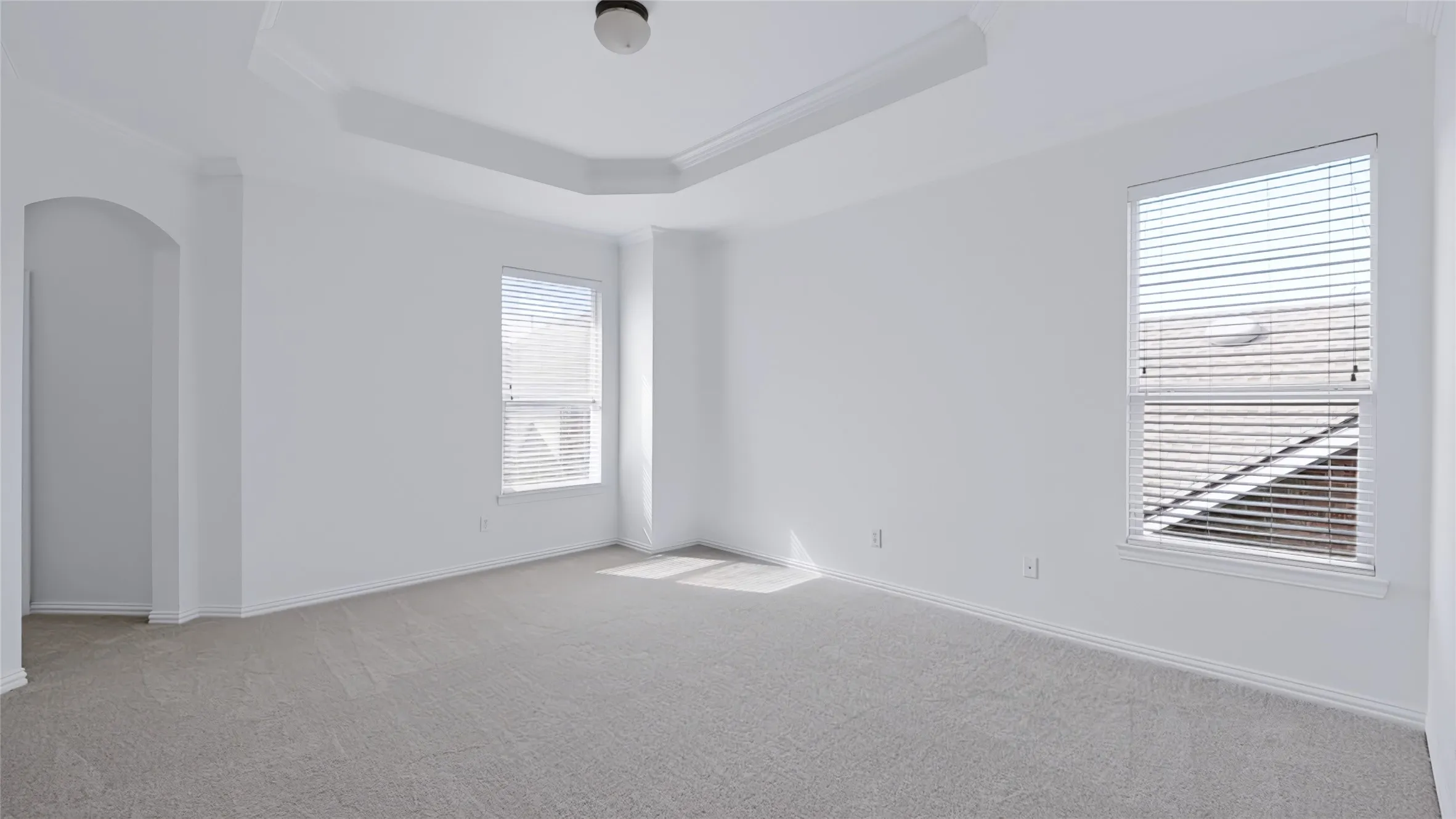 Interior room featuring a tray ceiling, arched entryway, carpeting, and windows with installed blinds