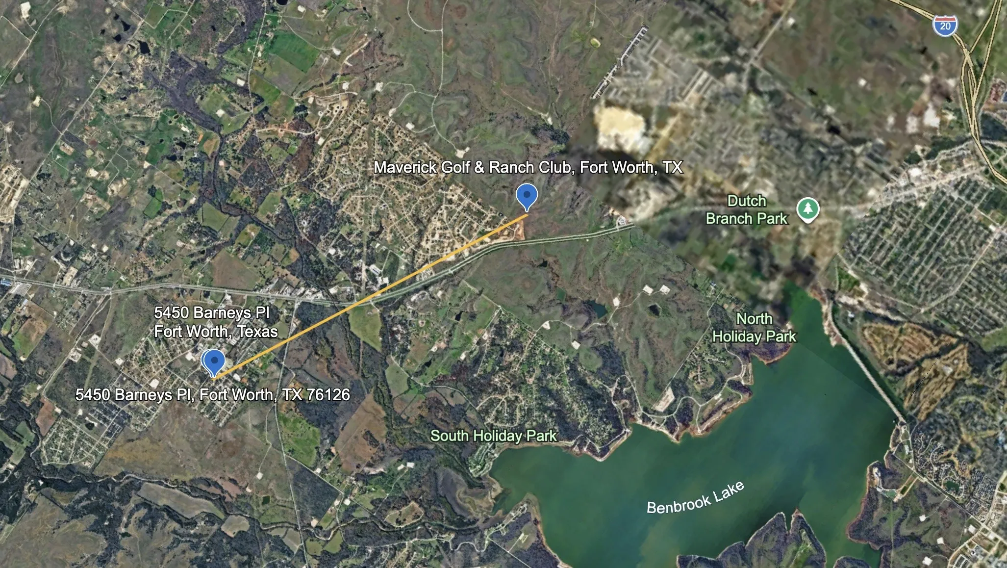 Aerial Map. Depicting the geographical location of the property at 5450 Barneys Pl, Fort Worth, TX 76126, in relation to Maverick Golf & Ranch Club located 3.18 miles away.