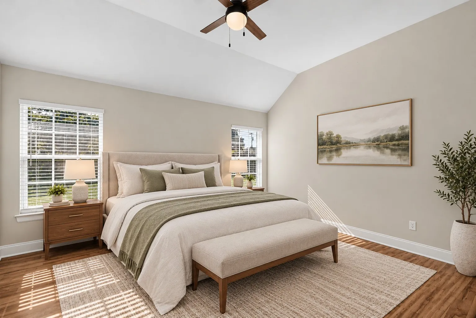 Vaulted ceiling featuring a central light-equipped ceiling fan, wood-finish flooring, and multi-pane windows