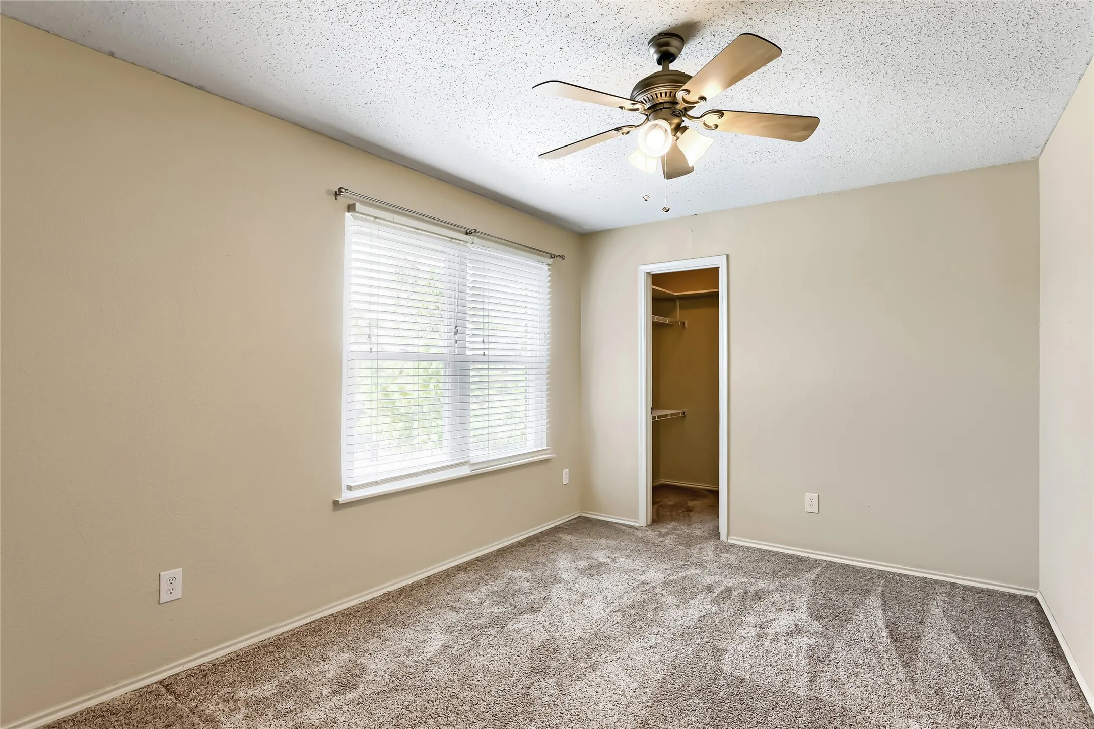 Neutral-toned interior space featuring wall-to-wall carpeting, a multi-blade ceiling fan with integrated lighting, horizontal window blinds, and a built-in reach-in closet