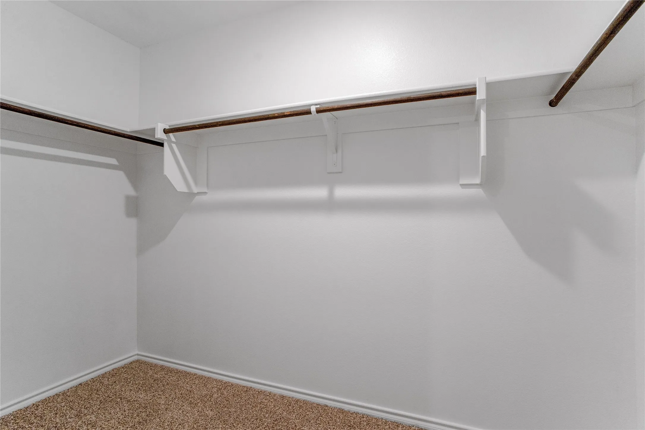 Walk-in storage space featuring neutral carpeting, white wall finishes, and integrated horizontal shelving with wooden support rods