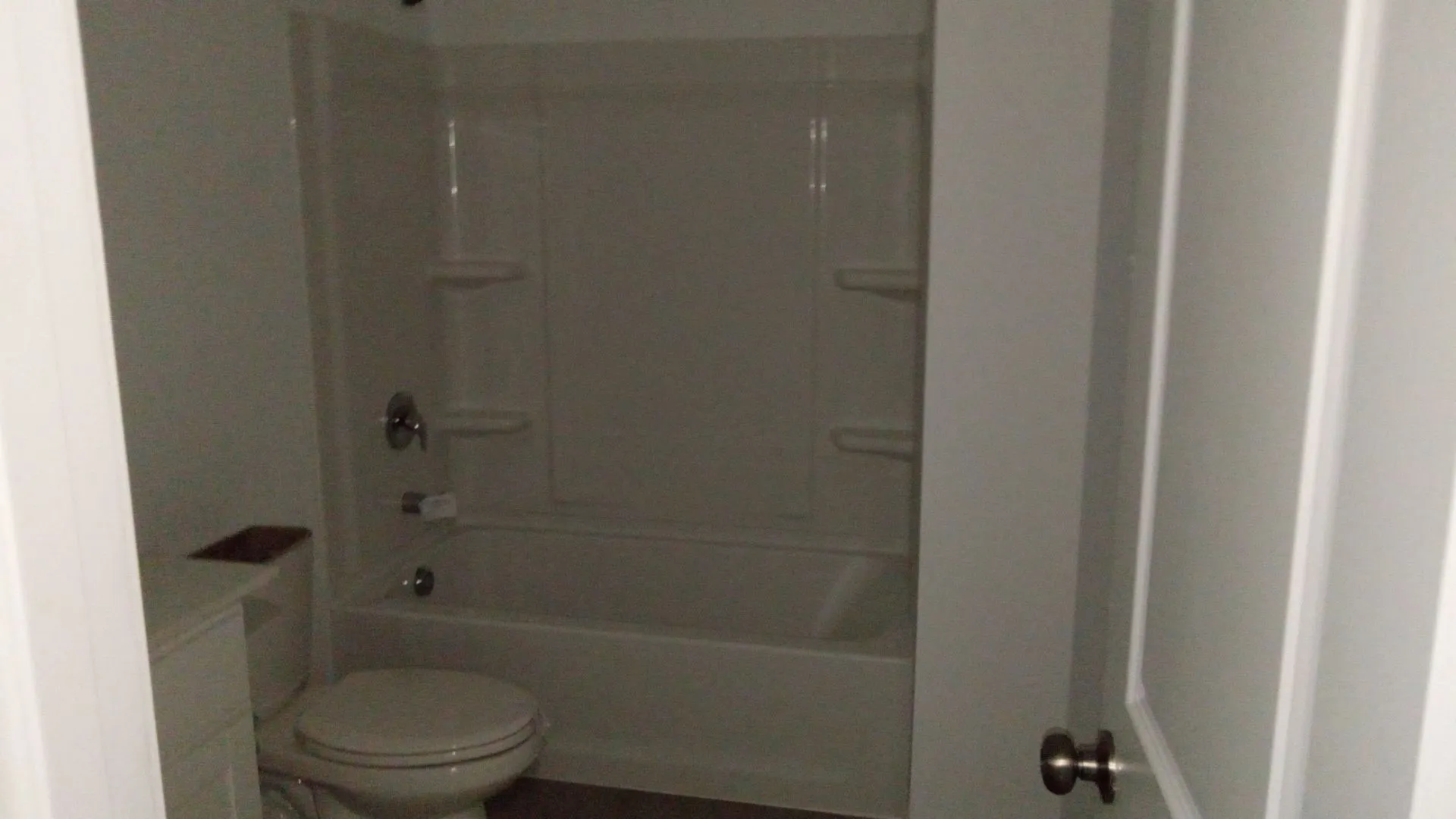 Bathroom featuring a shower and bathtub combination with integrated shelving, a dual-handle faucet, and a standard toilet