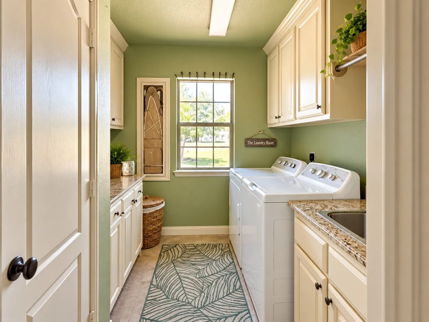 Utility room featuring custom cabinetry, stone-finish countertops, an undermount sink, and a multi-pane window