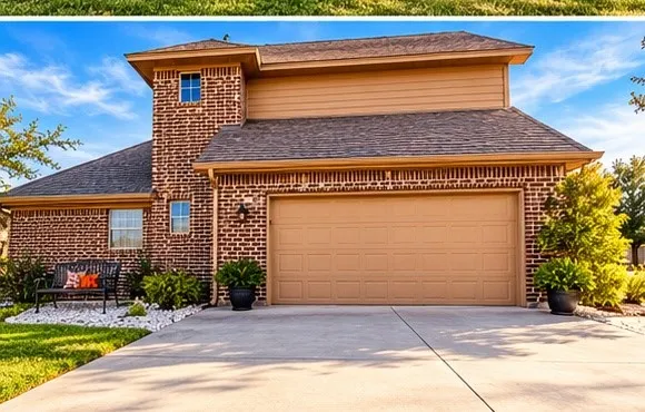 Two-story exterior featuring multi-toned brick masonry, horizontal siding, a pitched asphalt shingle roof, and an attached two-car garage with a concrete driveway