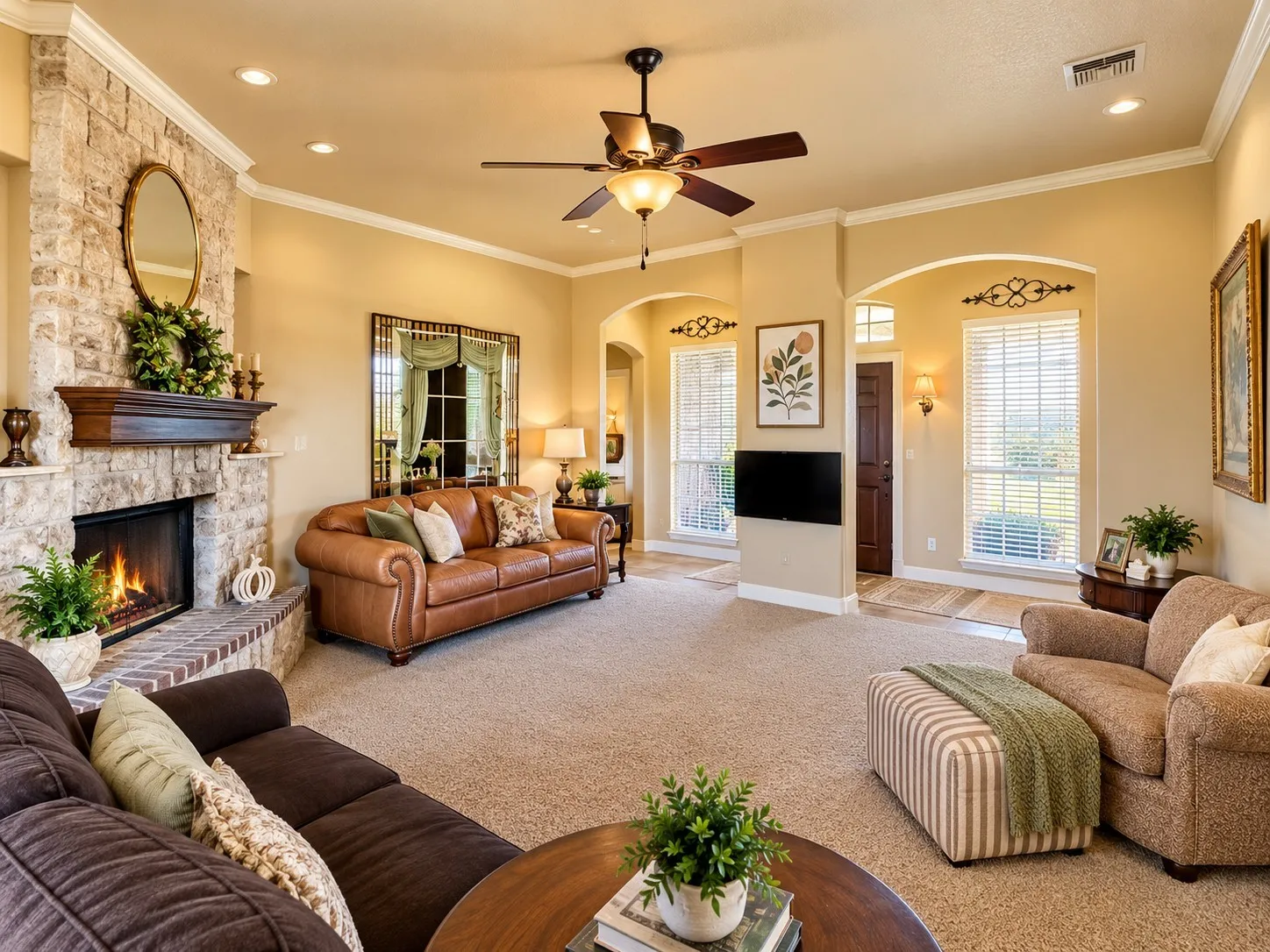 Floor-to-ceiling natural stone fireplace with a wood mantle, crown molding, arched entryways, recessed lighting, and a ceiling fan with integrated light fixture