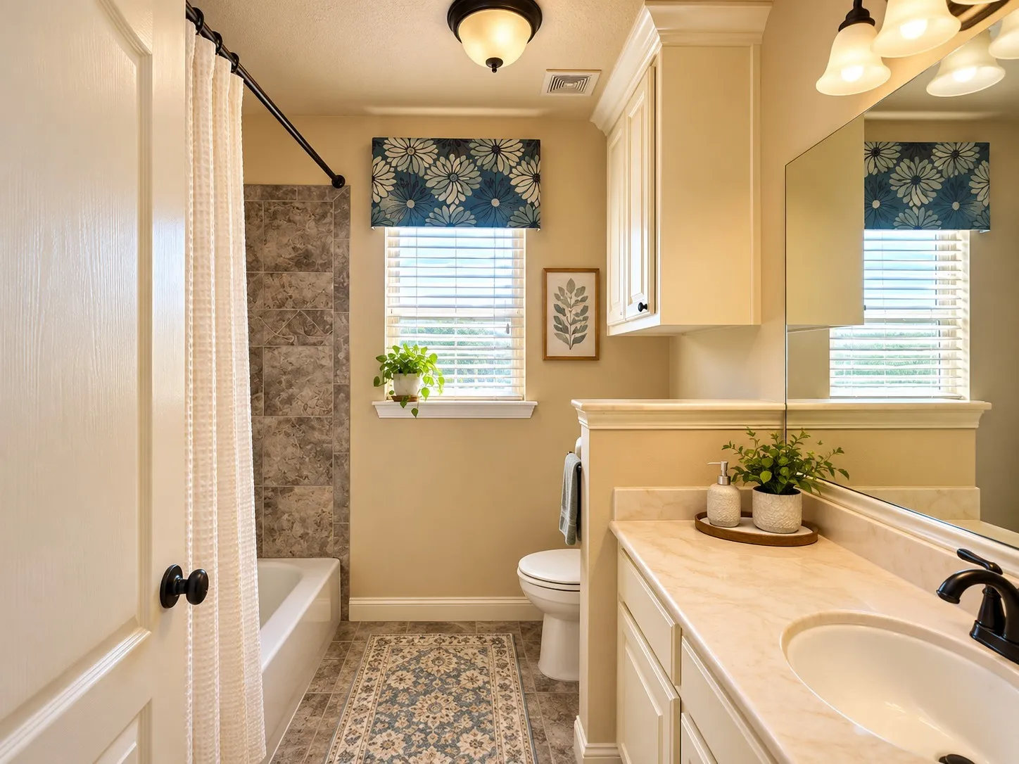 Bathroom featuring a vanity with a neutral solid-surface countertop, an inset basin with a dark-finish faucet, an expansive wall-mounted mirror, built-in cabinetry, and a bathtub with tile-surround wall detailing