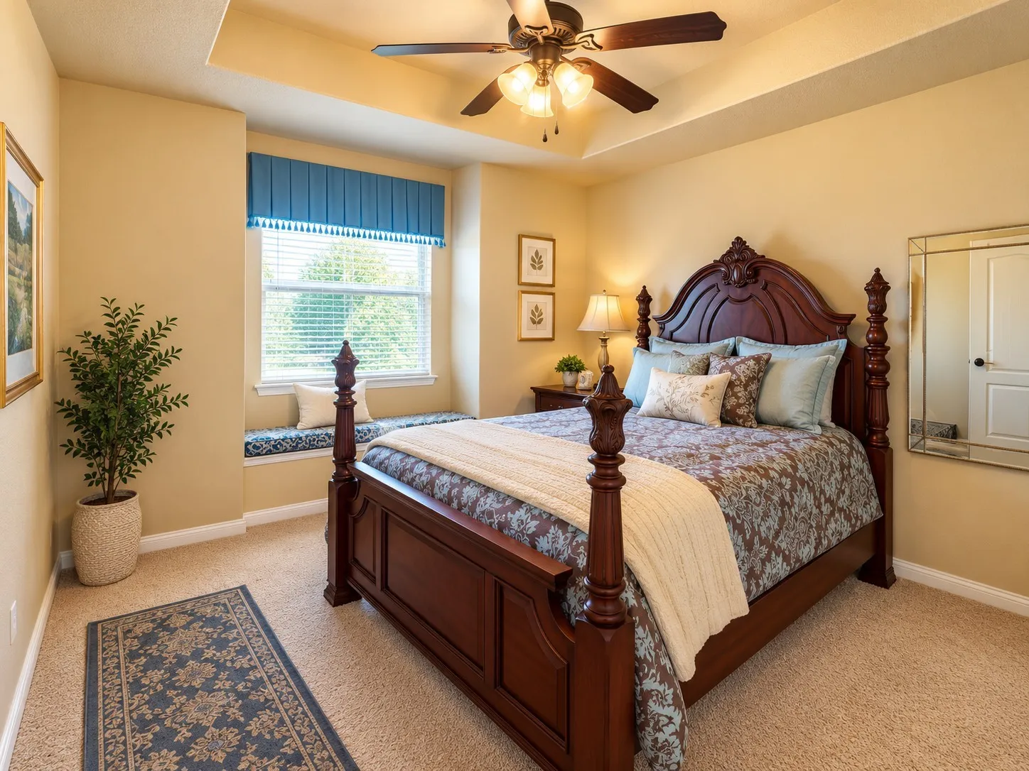 Bedroom featuring a tray ceiling, built-in window seat, ceiling fan with integrated lighting, and carpeted flooring