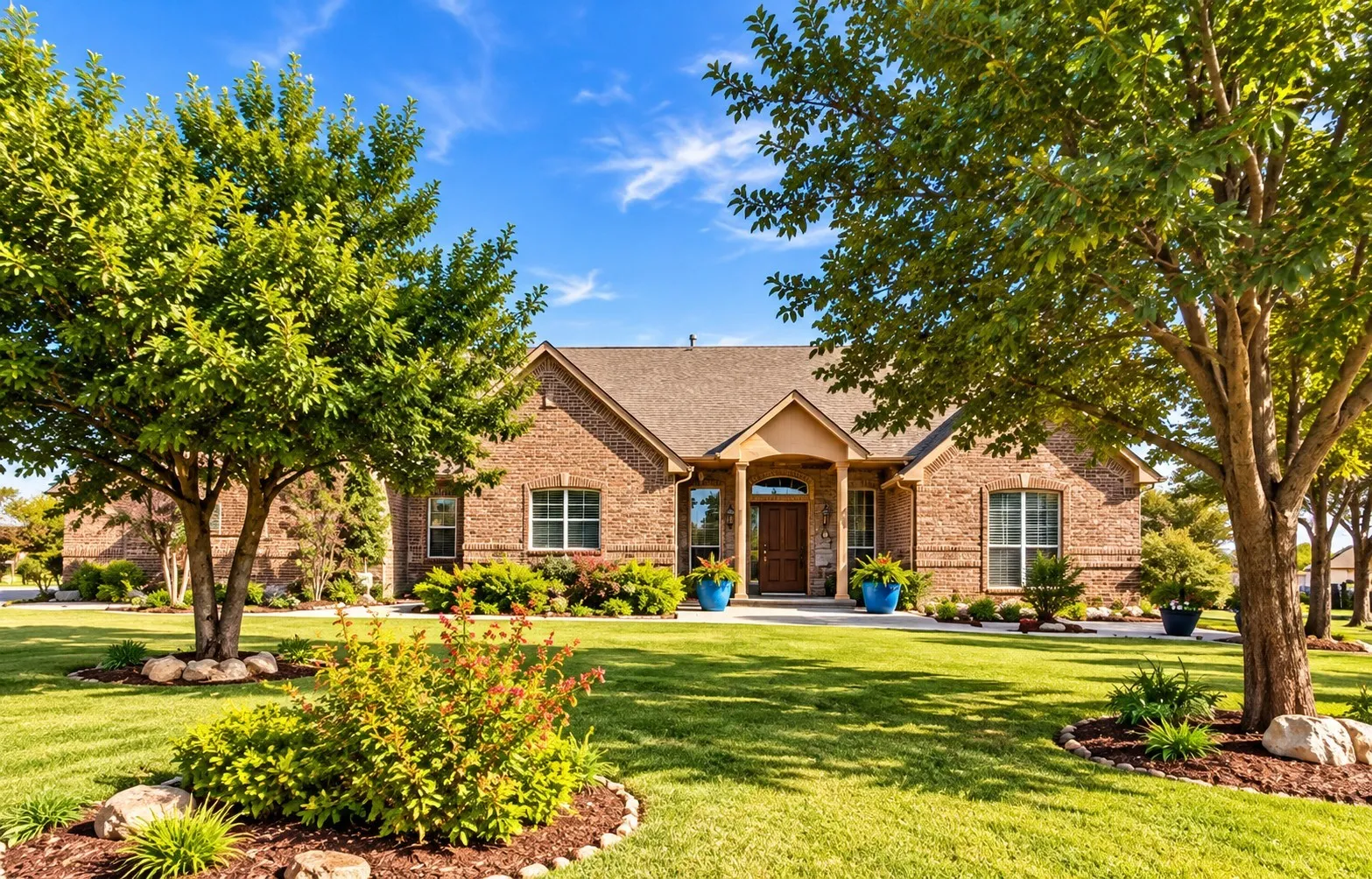 Brick exterior facade featuring a covered entryway with structural columns, multi-pane windows, and extensive landscaping with mature trees and stone-bordered plant beds