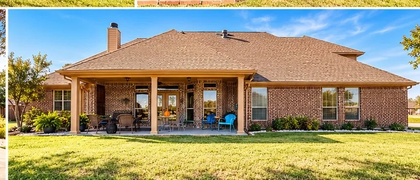 Brick exterior, covered rear patio, multi-gabled roofline, and manicured lawn
