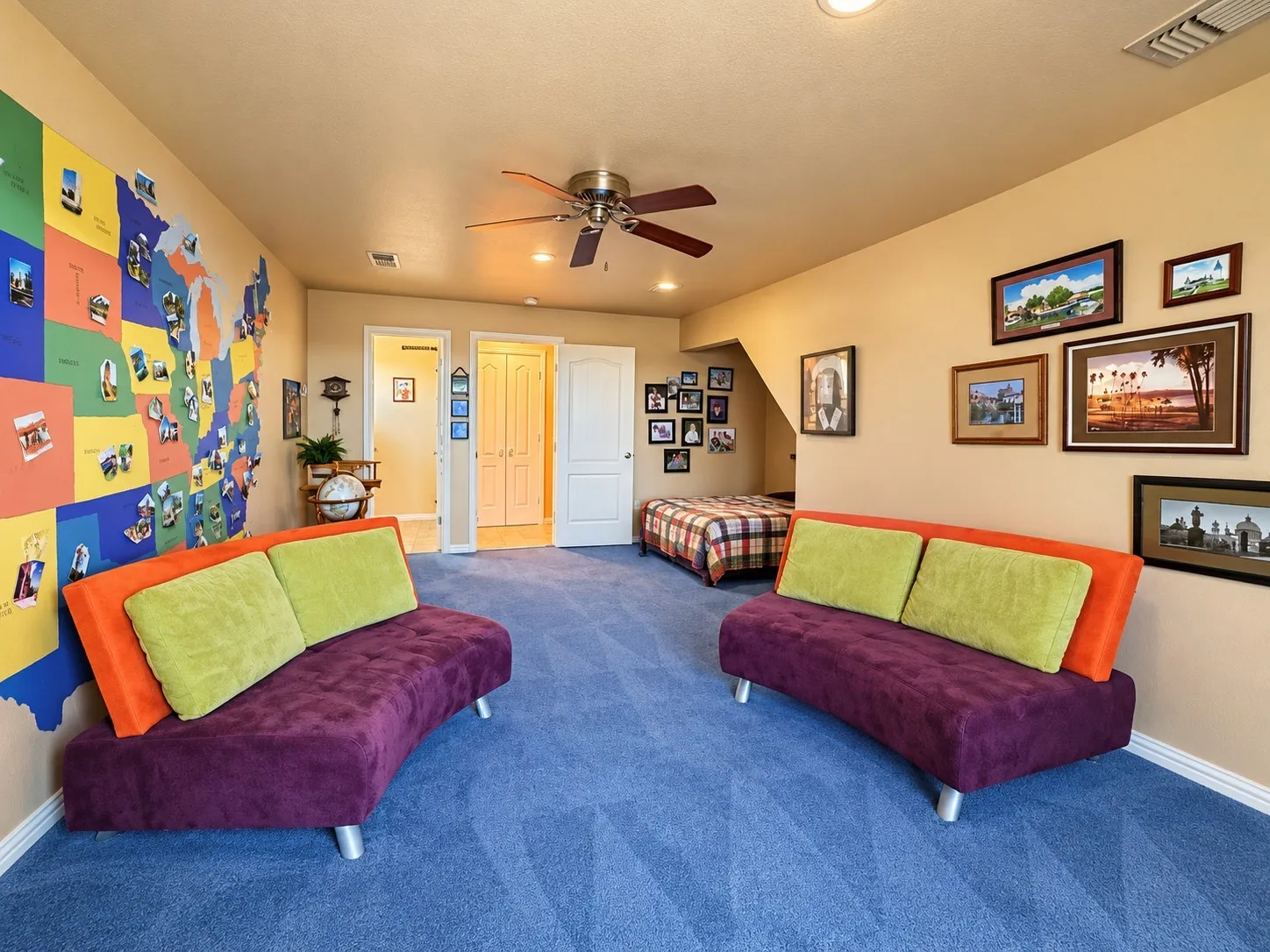 Spacious room featuring carpeting, recessed lighting, ceiling fan, and double-door closet storage