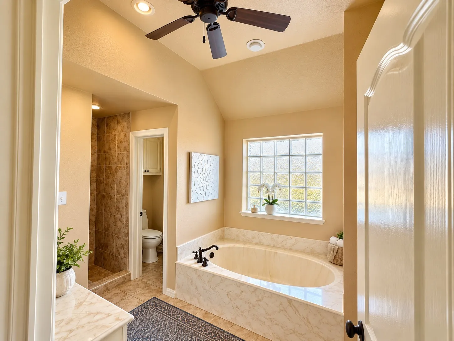 Soaking tub with stone-patterned surround, grid-patterned privacy window, vaulted ceiling, recessed lighting, and dedicated stall with tiled walls