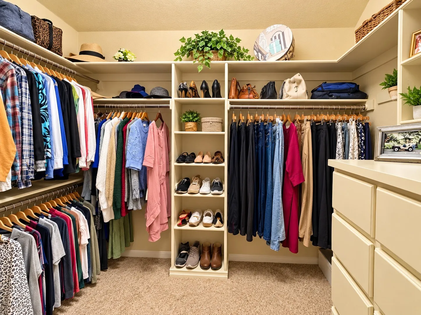 Custom walk-in closet featuring floor-to-ceiling built-in shelving, multiple hanging rods, and integrated cabinetry with pull-out drawers