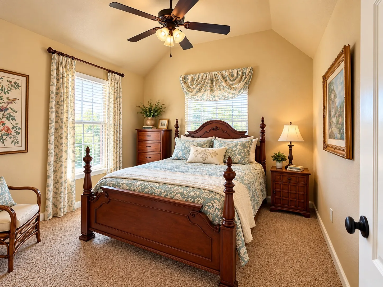 Vaulted ceiling featuring a central multi-blade ceiling fan with integrated lighting, neutral wall-to-wall carpeting, and double-pane windows with horizontal blinds