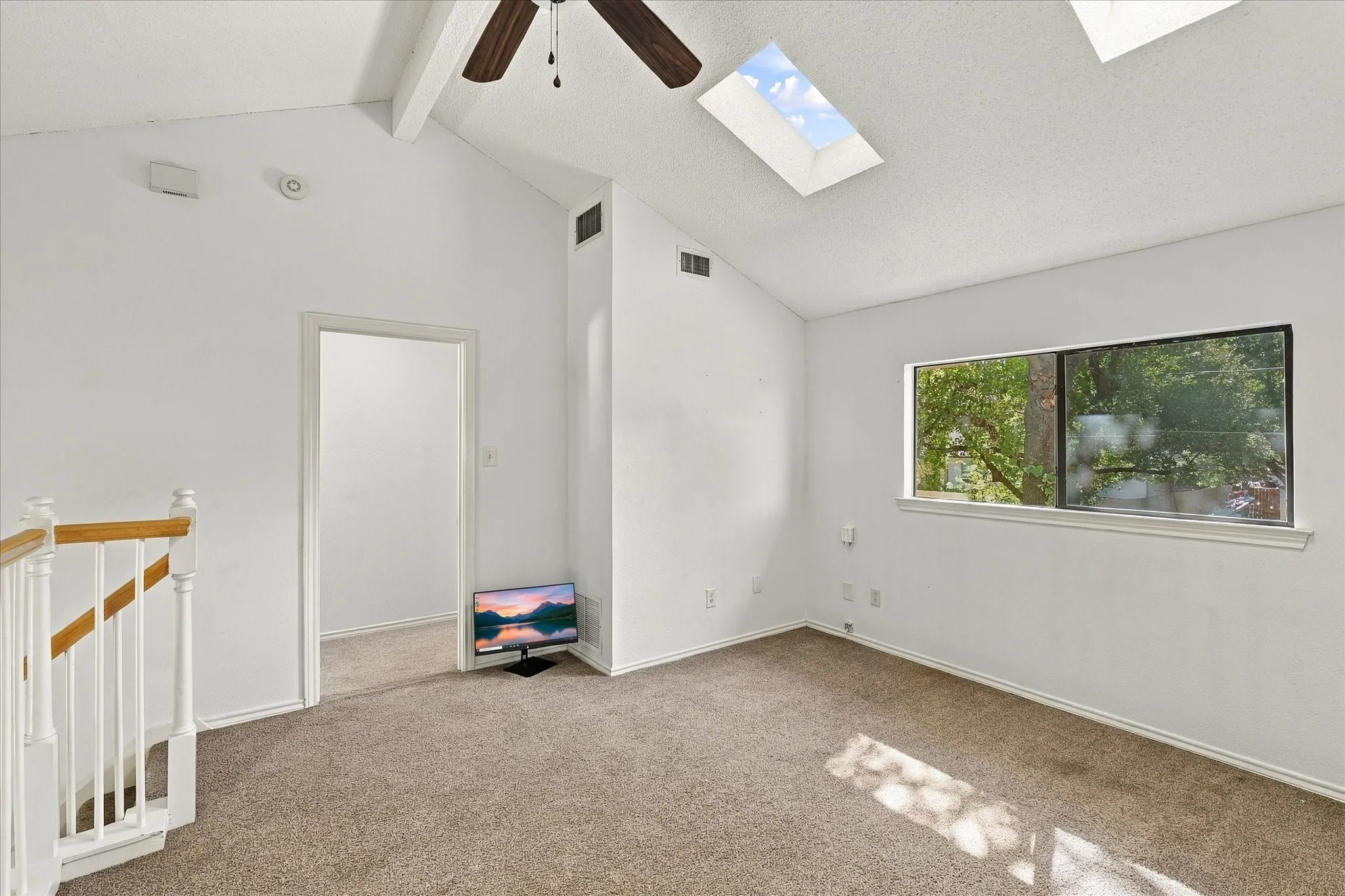 Vaulted ceilings with dual skylights, carpeted flooring, and a sliding glass window