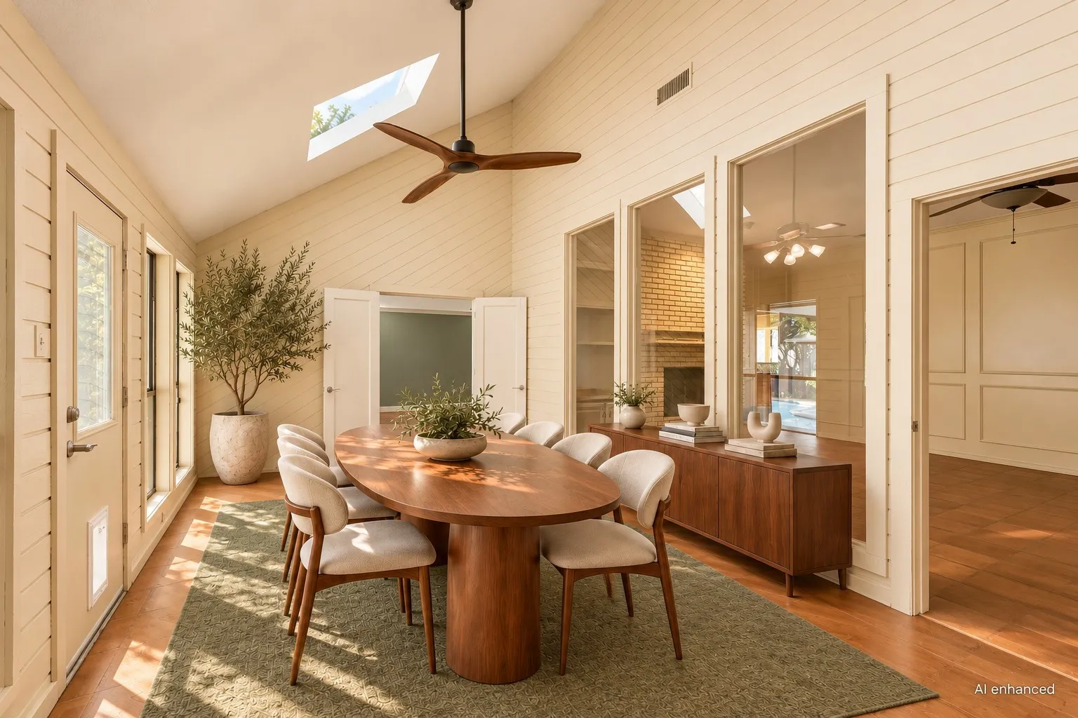 AI-generated renovation concept showing the sunroom furnished for dining. Does not reflect its current condition.