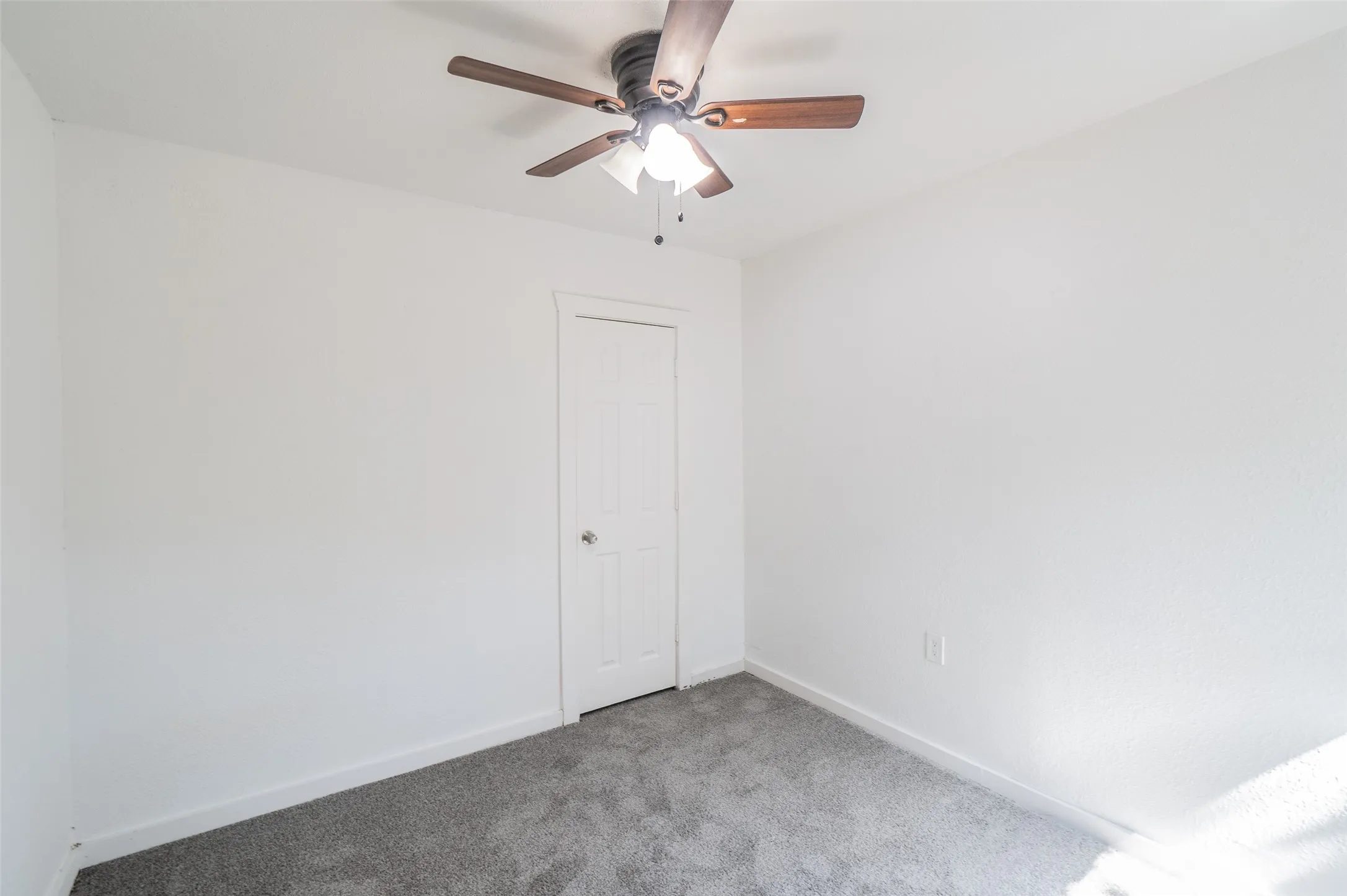 Neutral wall finishes, textured carpeting, interior door with multi-panel detail, and a ceiling-mounted fan fixture
