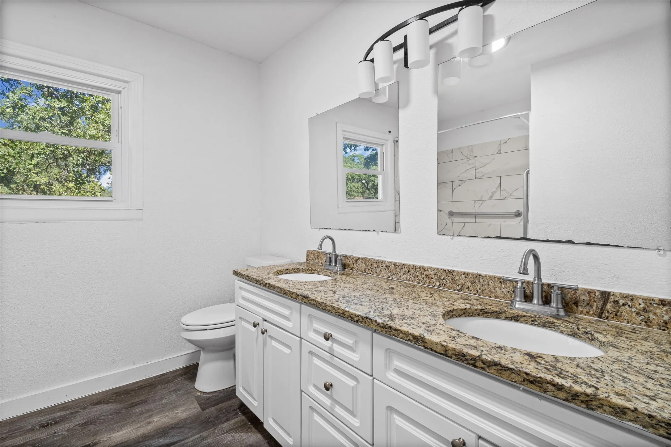 Double-sink vanity with stone-finish countertop, white raised-panel cabinetry, wood-finish flooring, and a multi-light fixture