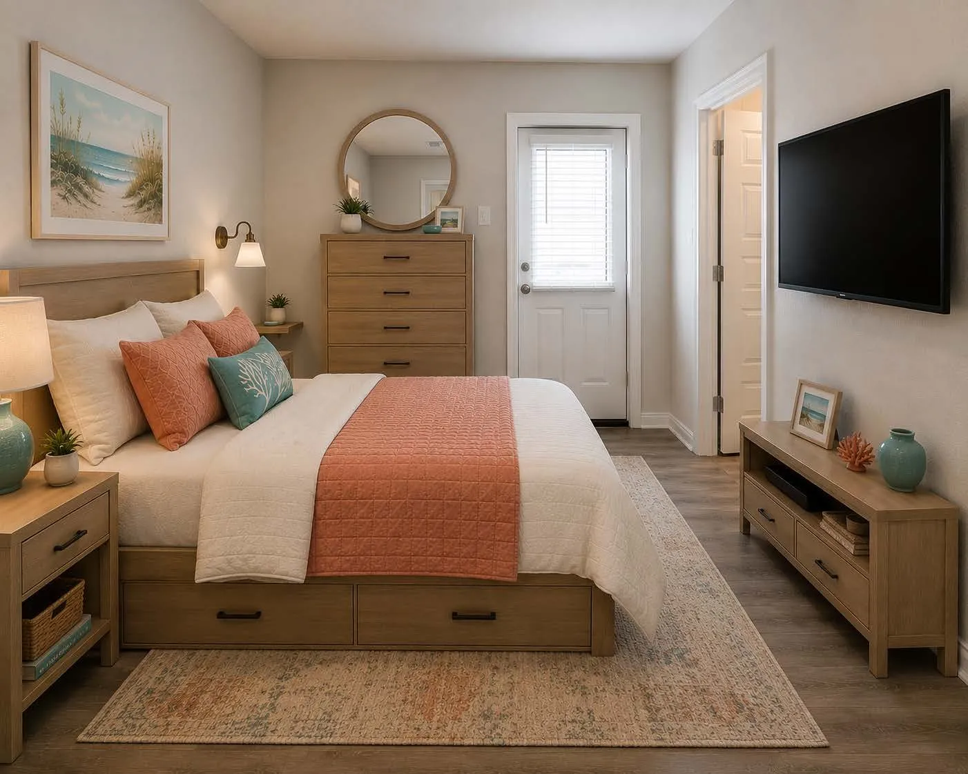 VIRTUALLY STAGED - B1 representative primary bedroom. Furniture and decor are digitally added.