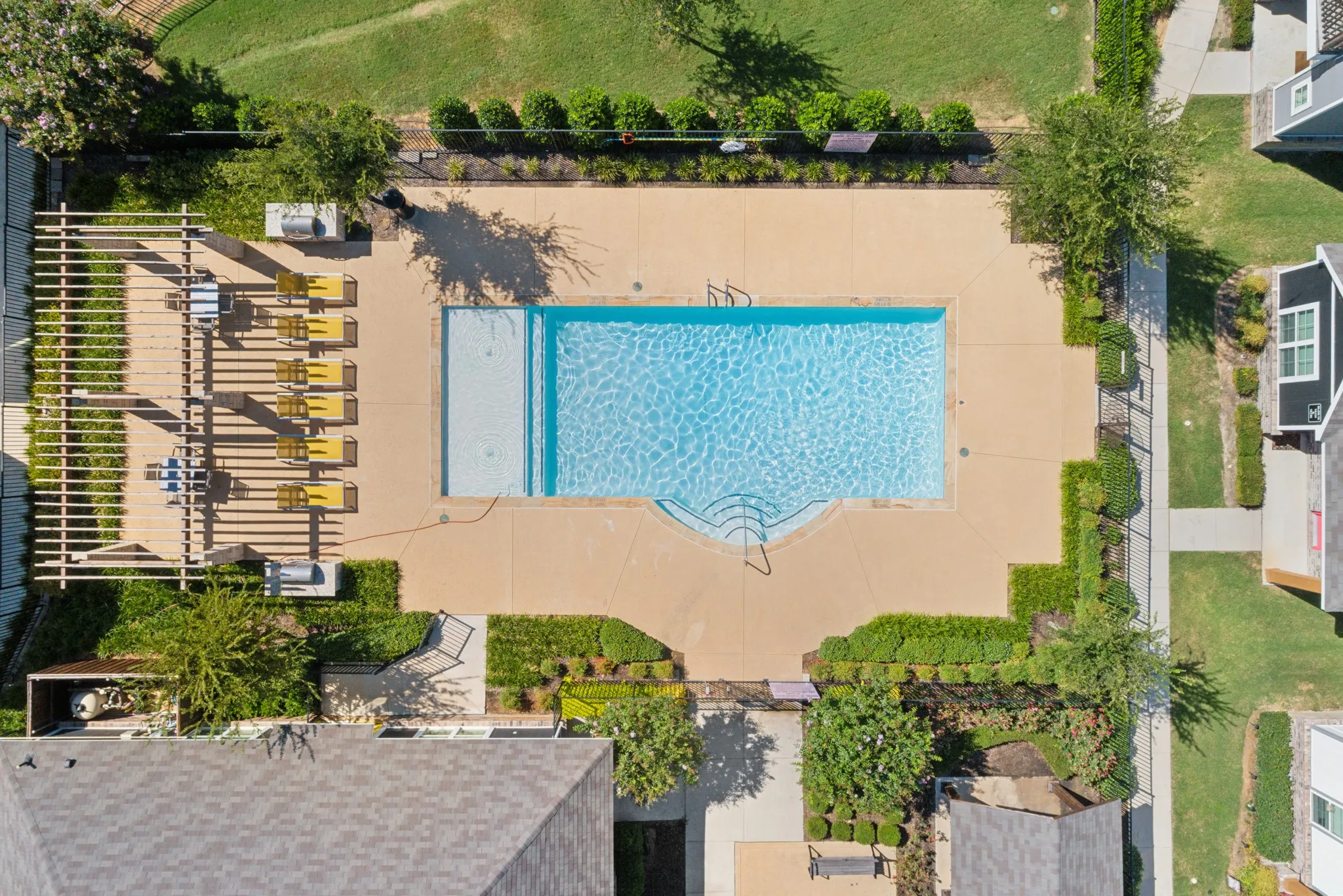 Outdoor swimming pool featuring a tanning ledge and integrated steps, surrounded by a concrete pool deck, wooden pergola, and landscaped shrubbery