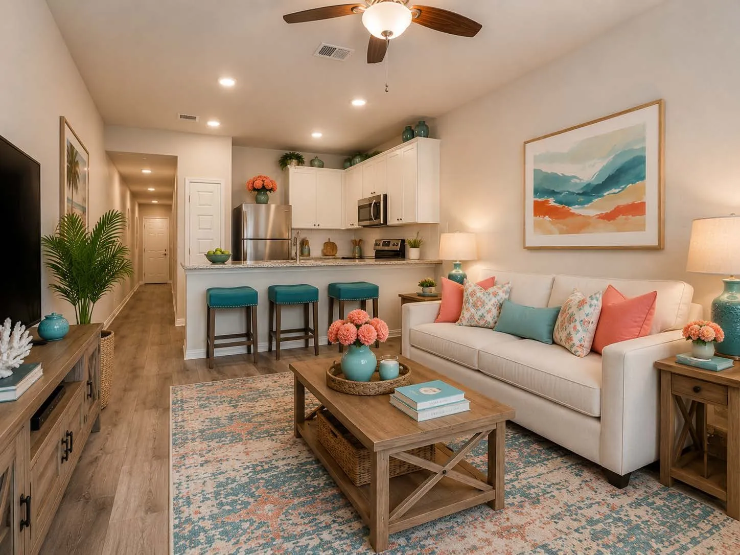 VIRTUALLY STAGED - B1 representative kitchen and living area. Furniture and decor are digitally added.