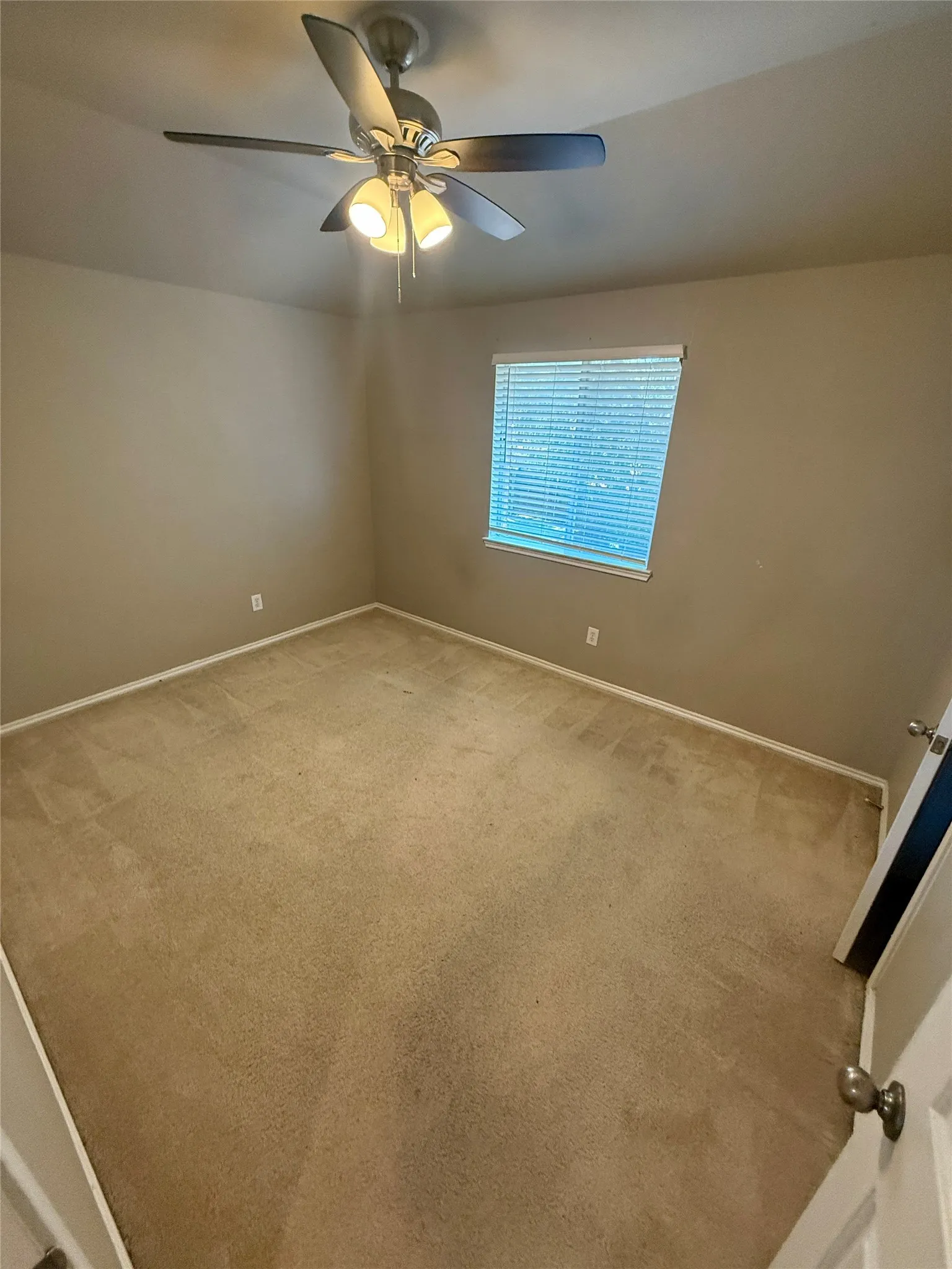 Neutral-toned room featuring wall-to-wall carpeting, a ceiling-mounted fan with integrated lighting, and a single window with blinds