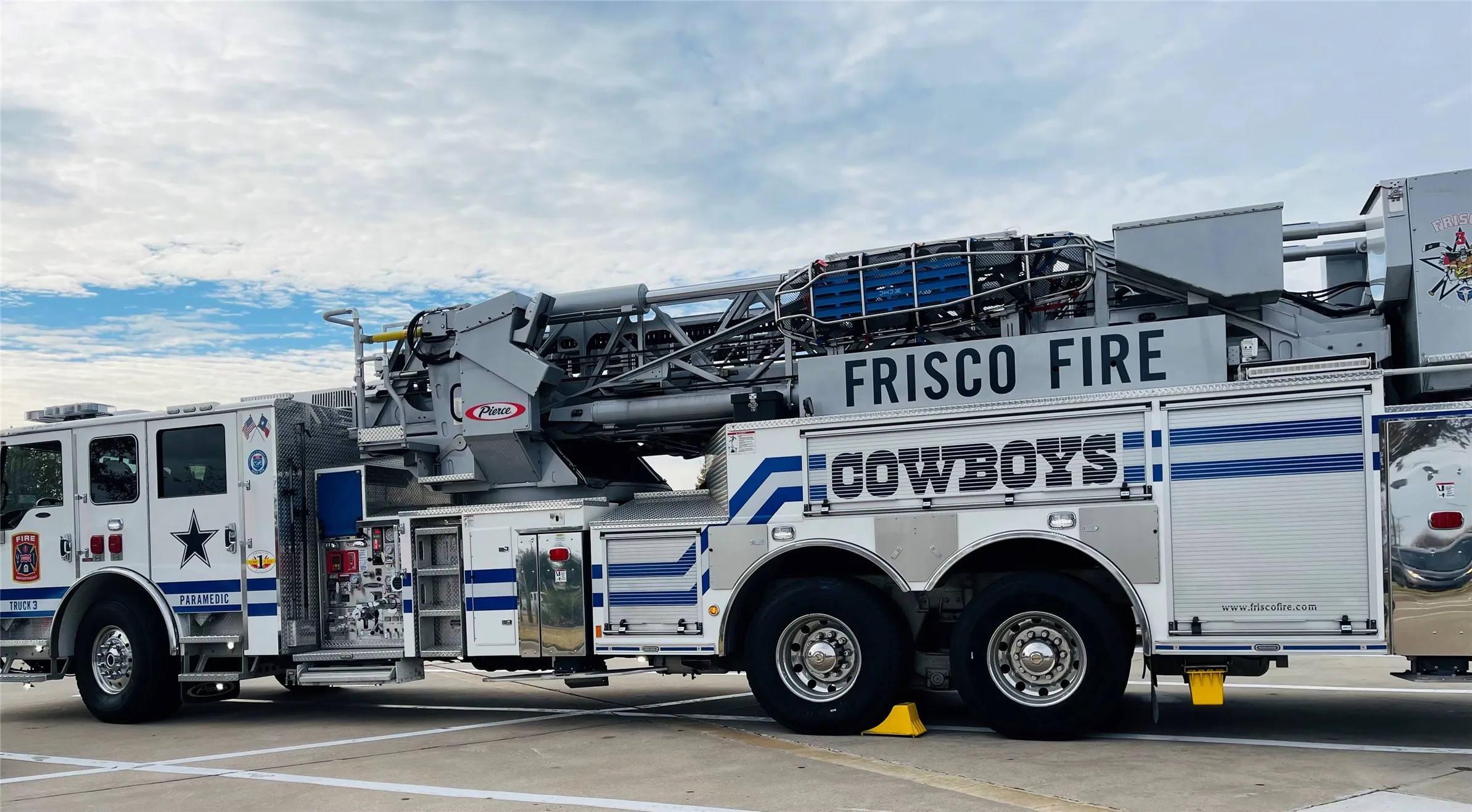 FRISCO FIRE AND POLICE ARE MINUTES AWAY FOR YOUR SAFETY AND PROTECTION  THE DALLAS COWBOY LADDER TRUCK WAS DONATED TO FRISCO FIRE BY JERRY JONES