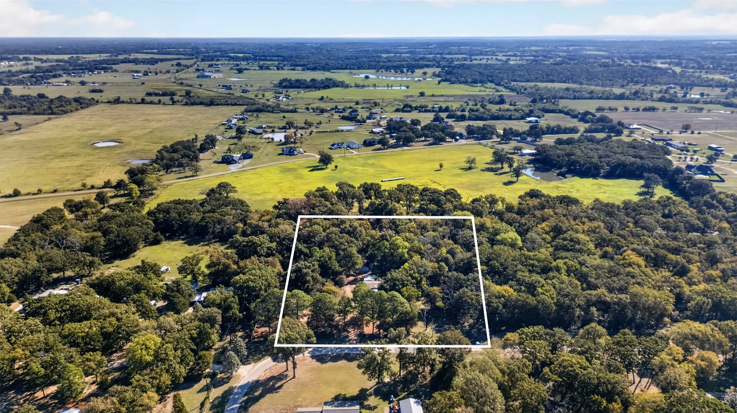 Aerial view of expansive acreage featuring dense mature tree coverage and paved road access