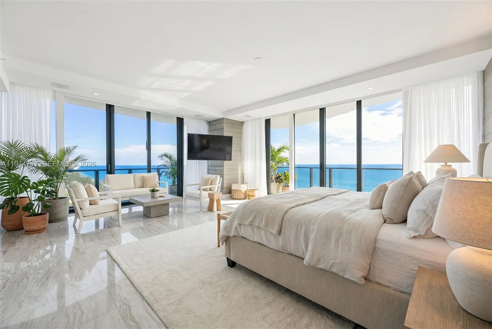 Bedding and outdoor furniture, virtually staged.