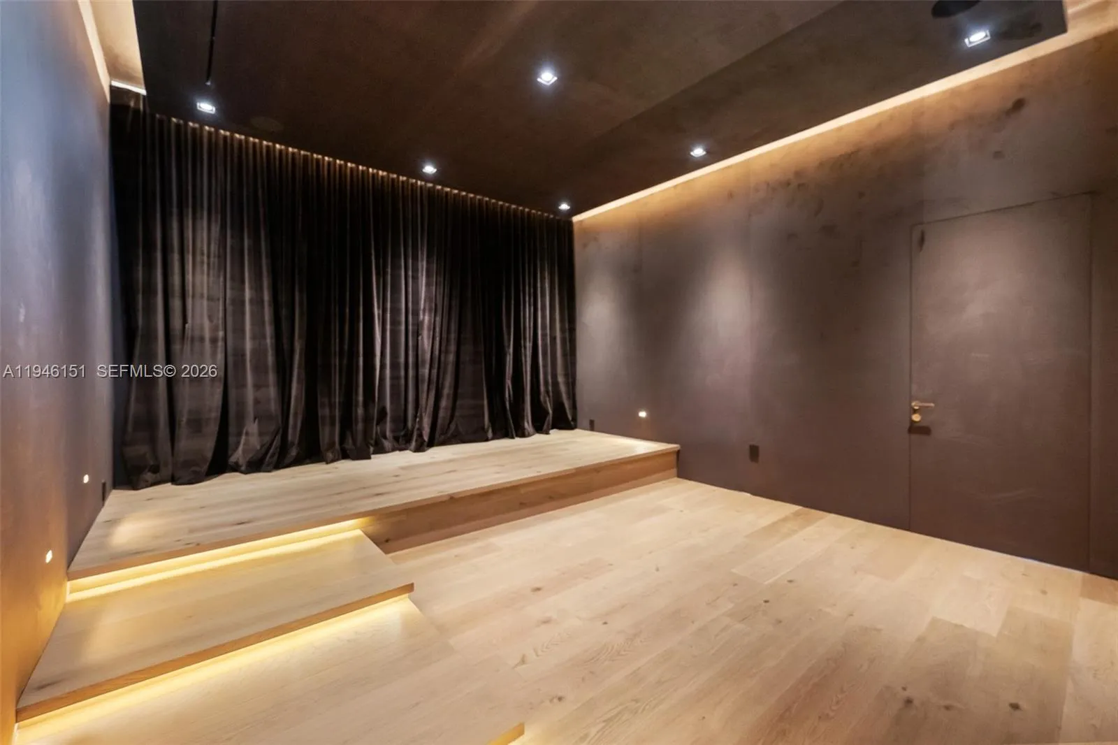 Fully Insulated Sound Proof Media Room, Bespoke Wall Paper & Velvet Drapes