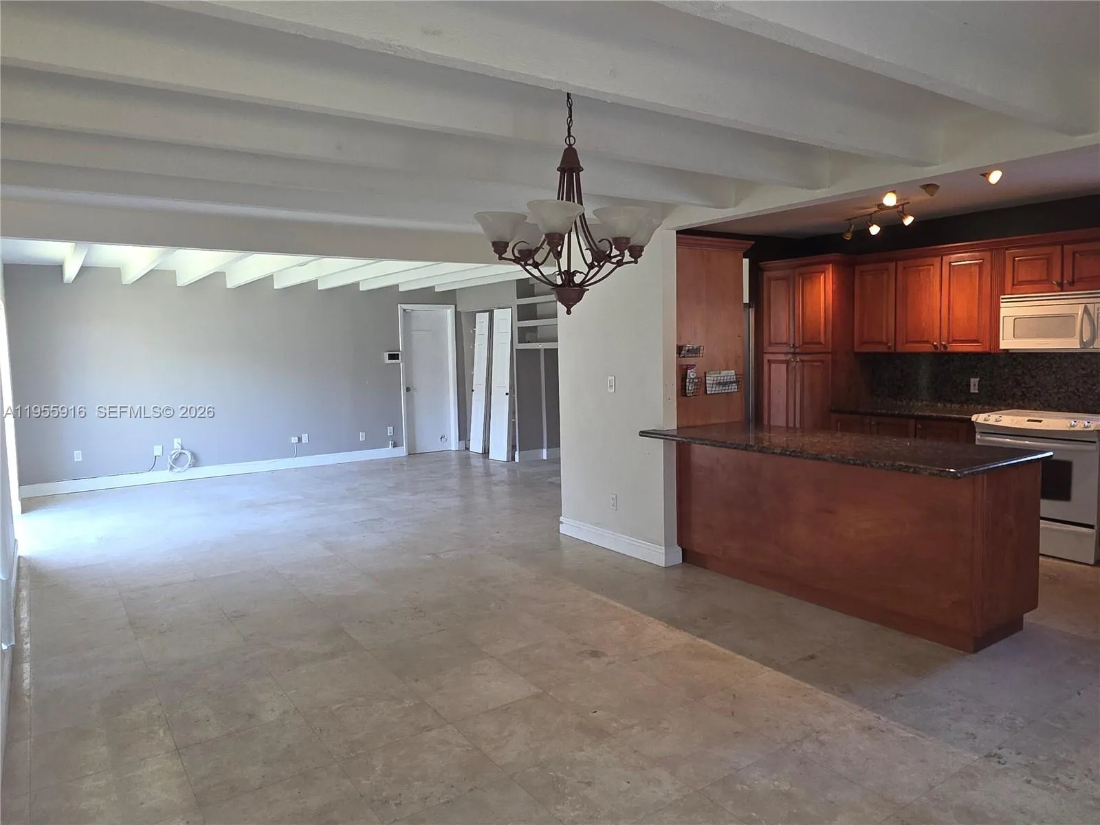 Dual flow of kitchen with dining room area and living room.