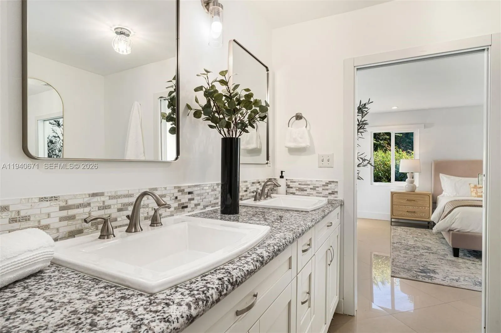 Double sink with large walk-in shower
